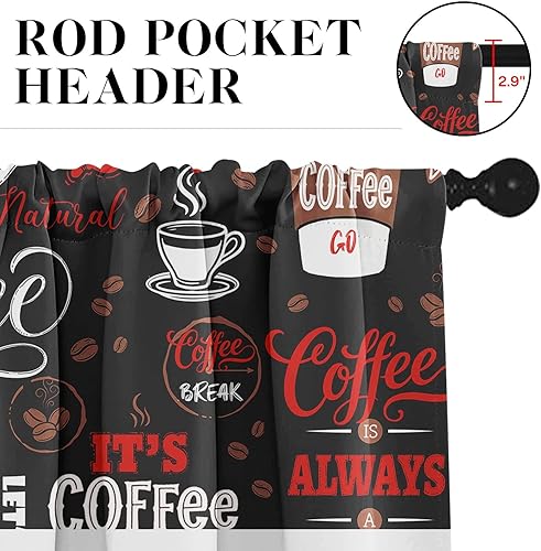 Miniatura 4 de Cortinas de Ventana de Cocina con Temática de Café, Juego de Cenefa y Niveles, Negro Rojo Lindo Bolsillo para Varilla Cortina de Nivel Corta, Retro