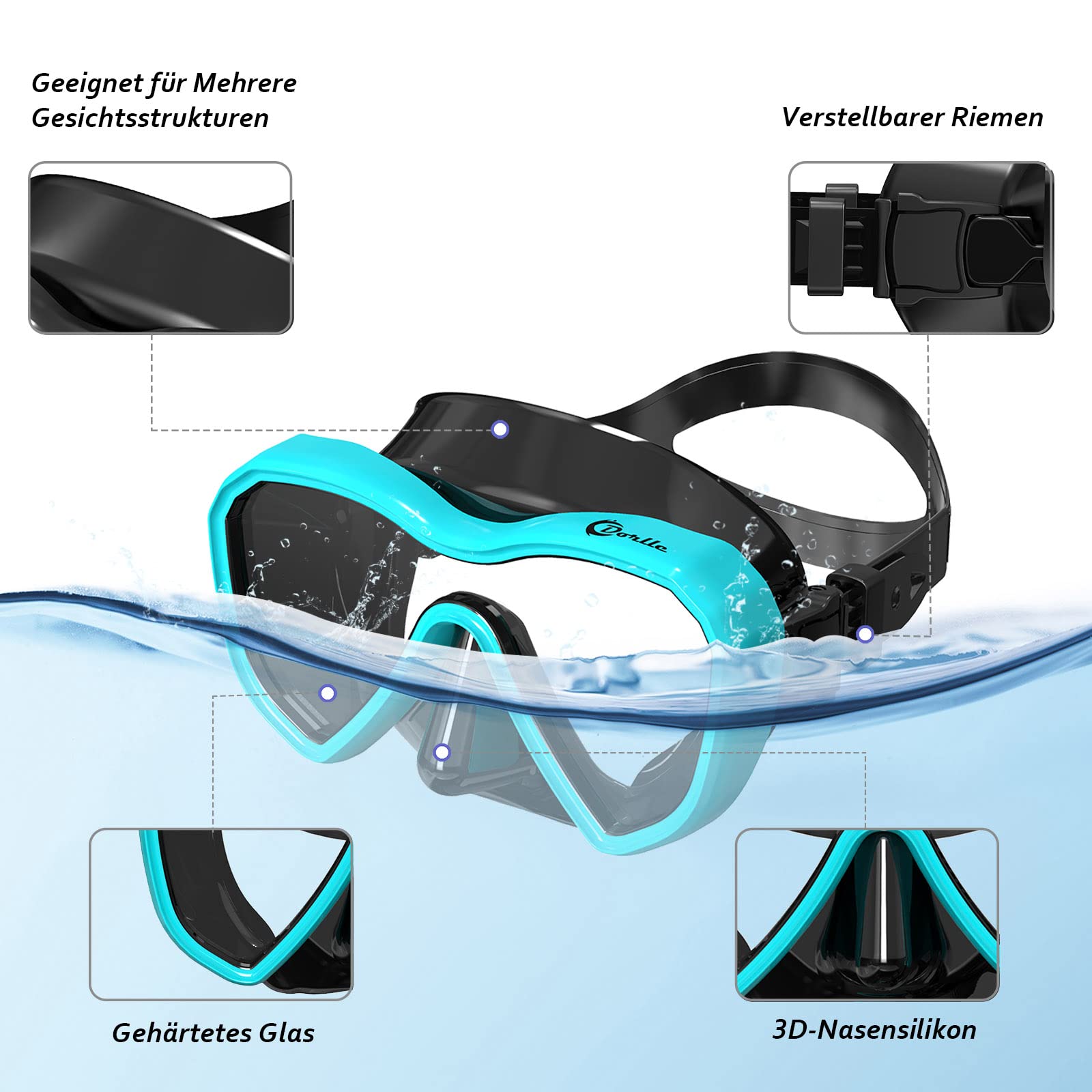 Dorlle Schnorchelset, Neu Verbesserte Panorama Schnorchelmaske, wasserdichte Tauchmaske Anti-Fog Anti-Leck aus Gehärtetem Glas, mit 3-Kanal Premium Dry Schnorchel für Erwachsene