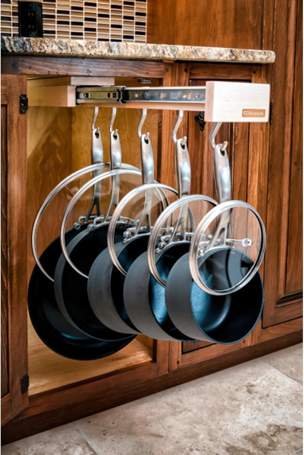 Rev-A-Shelf 22" Pullout Kitchen Cabinet Pantry Organizer with 7 Hanging Hooks with Ball Bearing Slide System, Maple Wood, GLD-W22-SC-7