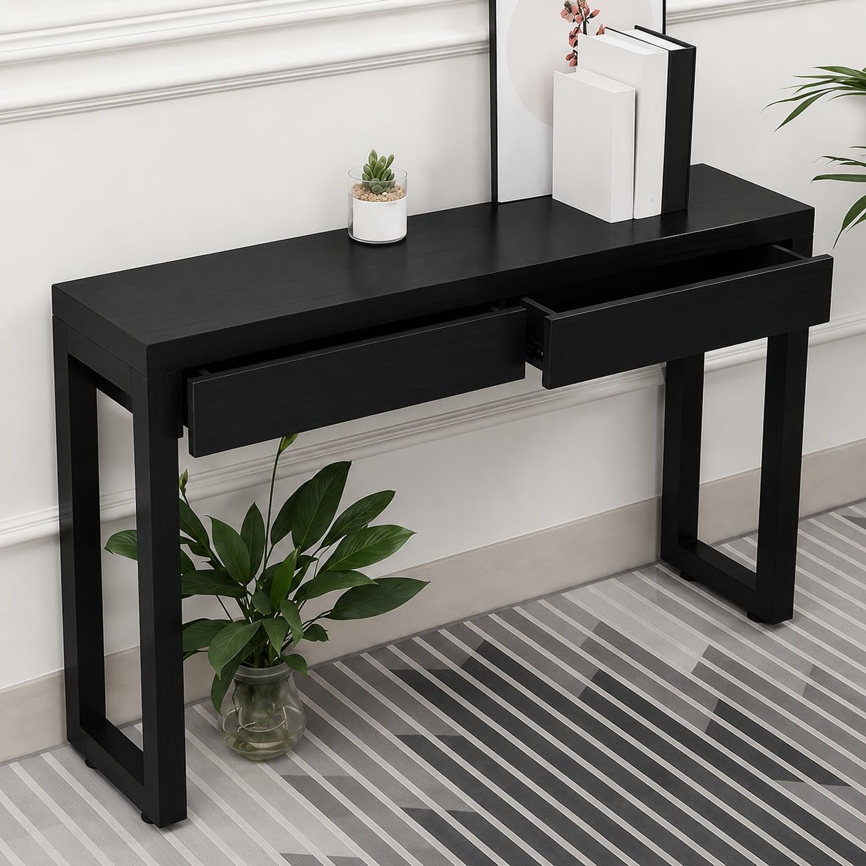 luxury solid wood console table with storage drawer modern entryway hallway sofa accent table premium wooden console desk for living room décor (black)