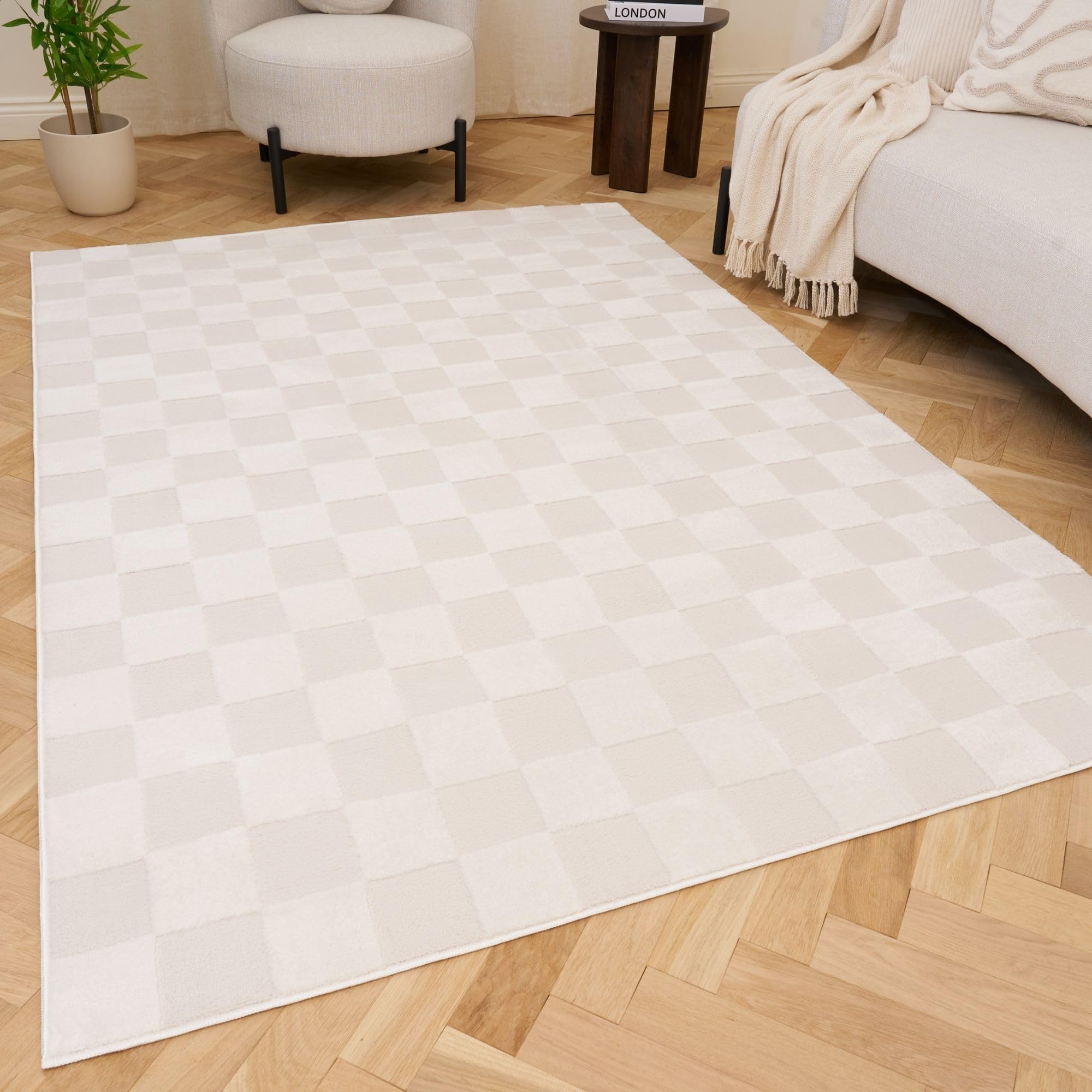 The Rugs Loft Ivory Checkerboard Living Room Area Rug And Runners Soft Pile from B&Q