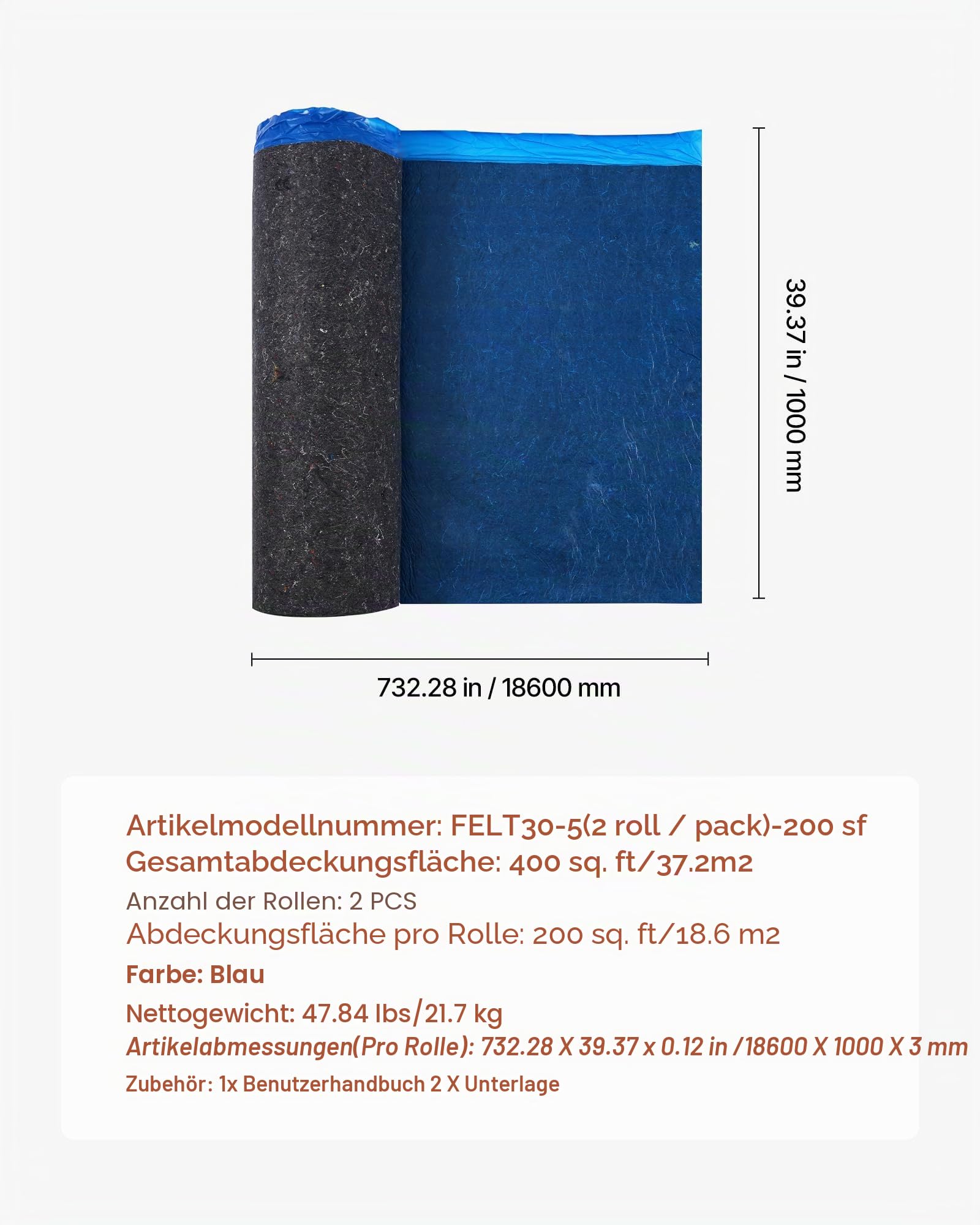VEVOR Trittschalldämmung, 37,2 m², 3 mm Laminatbodenunterlage mit angebrachter Dampfsperre, Faser + PE-Folie, Schalldämmung & Geräuschreduzierung für Vinyl und Holz (2 Rollen x 18,6 m²)