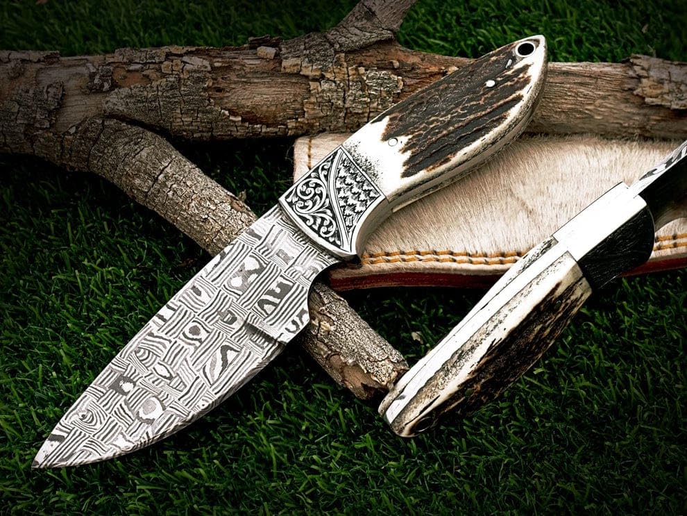 Hand-forged Damascus Steel Hunting Knife With Sheath Stag Horn Handle Basketweave Mosaic Pattern Damascus Steel Knife Silver
