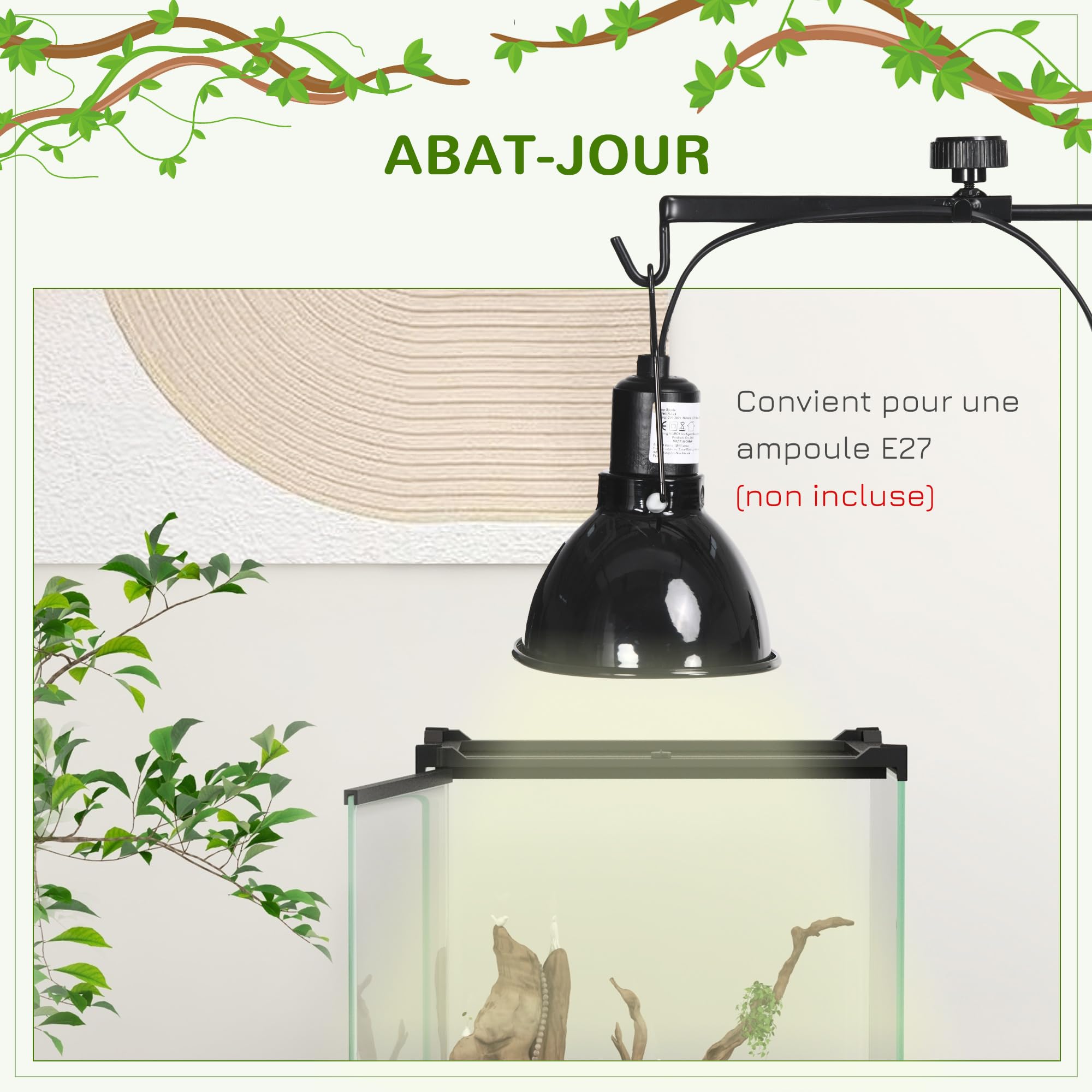 PawHut Support de lampe chauffante pour reptiles, réglable, 32 x 9 x 67 cm, noir
