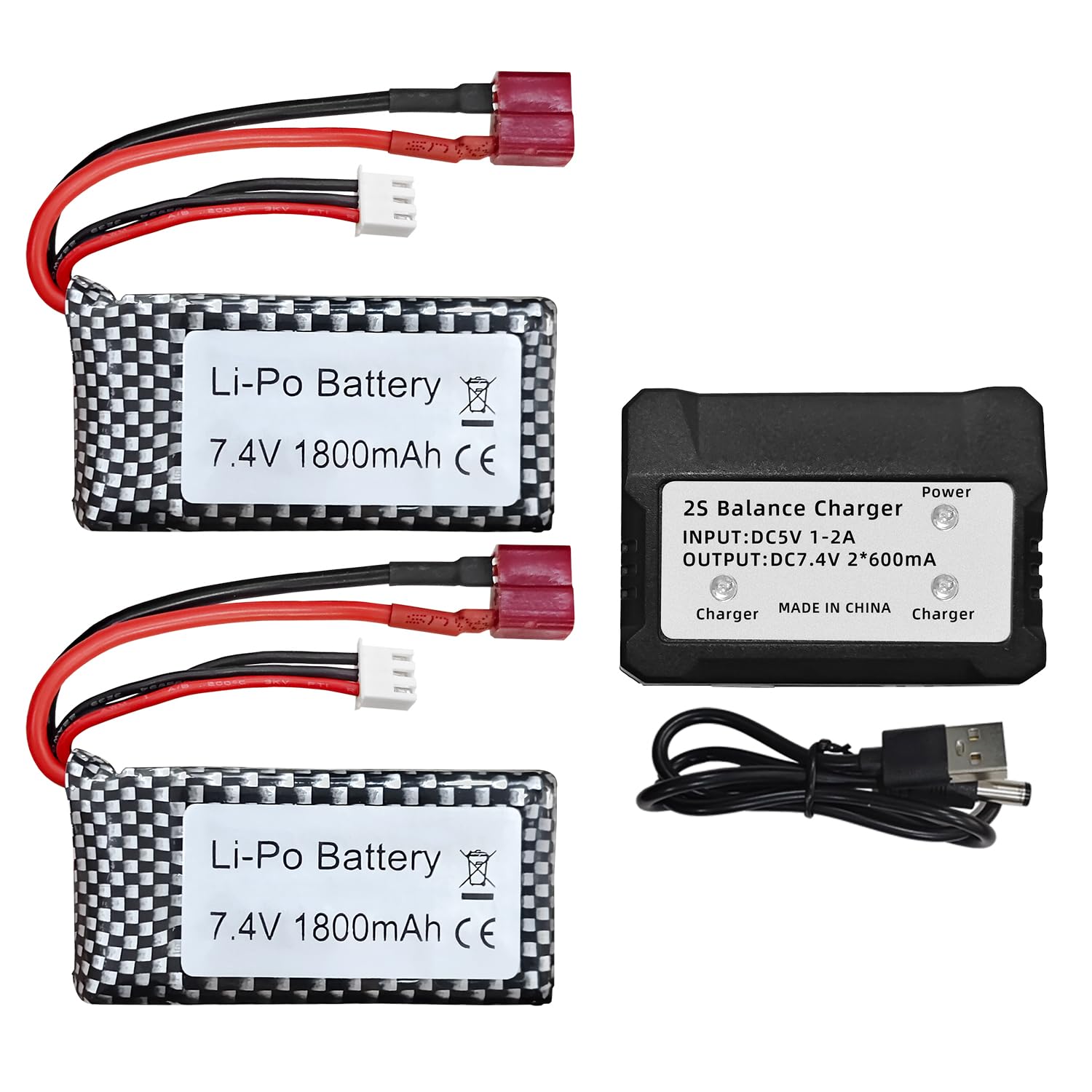 2PCS 7.4V 1800mah Lithium Battery with 2-in-1 Charger for WLTOYS A959-B A969-B A979-B K929-B 144001 High-speed Car Remote Control Drone Car Model Boat Model High-rate T-head Lithium Battery