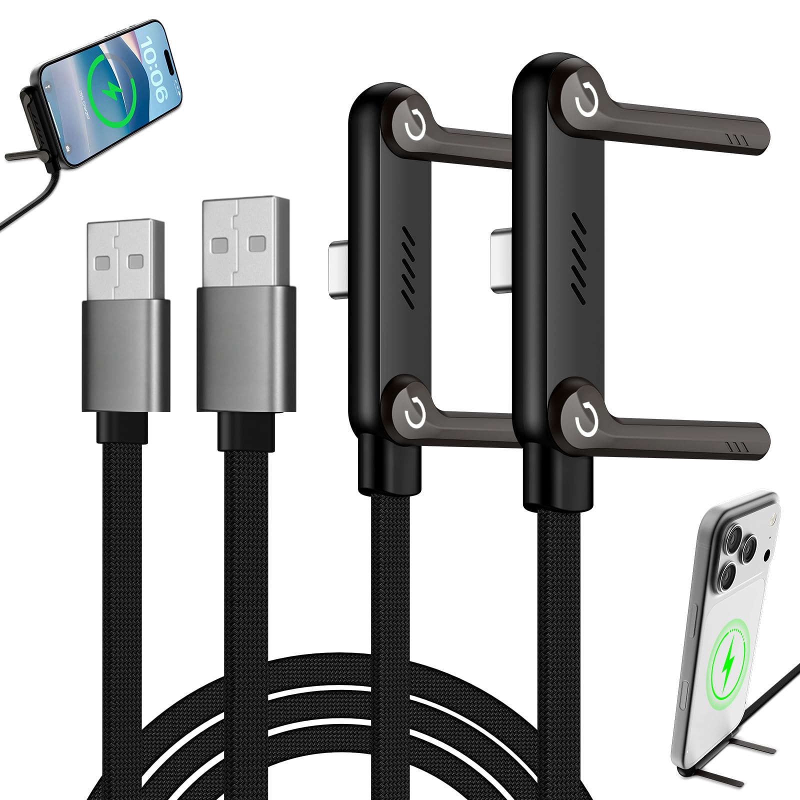Konstreet 2-in-1 Invisible Stand Fast Charging Cable 240W Type-C Braided Fast Charging Cable Built-in Phone Stand 2 in 1 Phone Holder Cable for Suitable for Gaming Office and Travel Black 2Pack — view 9