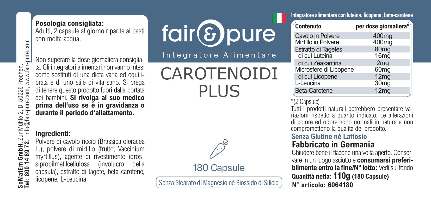 Fair & Pure® - Carotinoidi Plus - Complesso di carotenoidi - Con Beta-carotene, luteina, zeaxantina e licopene - Vegan - 180 Capsule