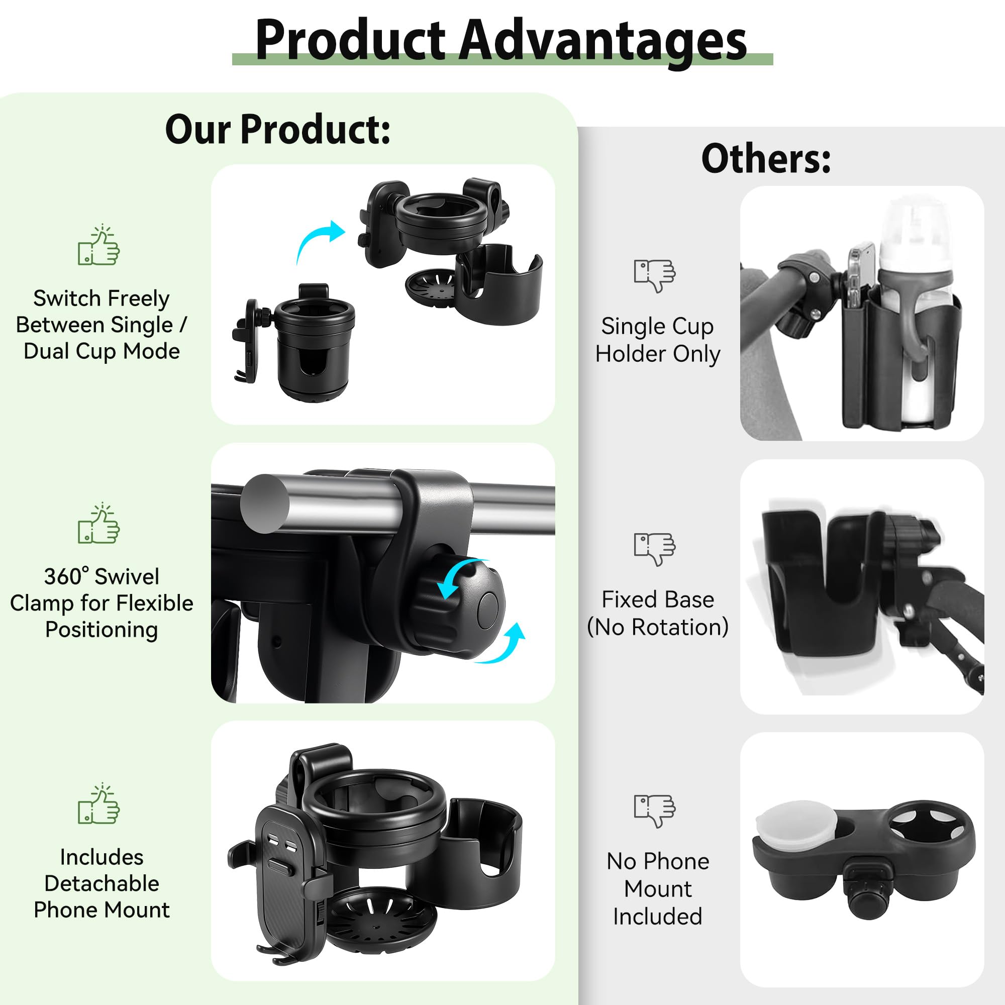 Portavasos Carrito Bebé 3 en 1, Soporte para Biberón con Soporte para Móvil - Portavasos Universal Giratorio 360° para Coches de Bebé, Bicicletas, Sillas de Ruedas - Práctico Regalo para Bebés