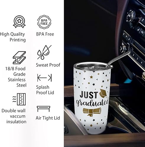 Miniatura 4 de Regalos de graduación para maestría, vaso de graduación de 20 onzas con tapa, taza de café aislada de acero inoxidable con popote y cepillo,