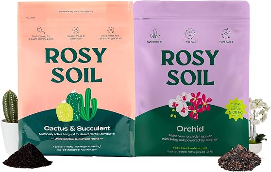 Rosy Soil Cactus and Succulent Potting Soil Mix + Orchid Potting Soil - Peat Free Succulent Soil - Potting Soil Mix for Orchids 4 Quarts Each