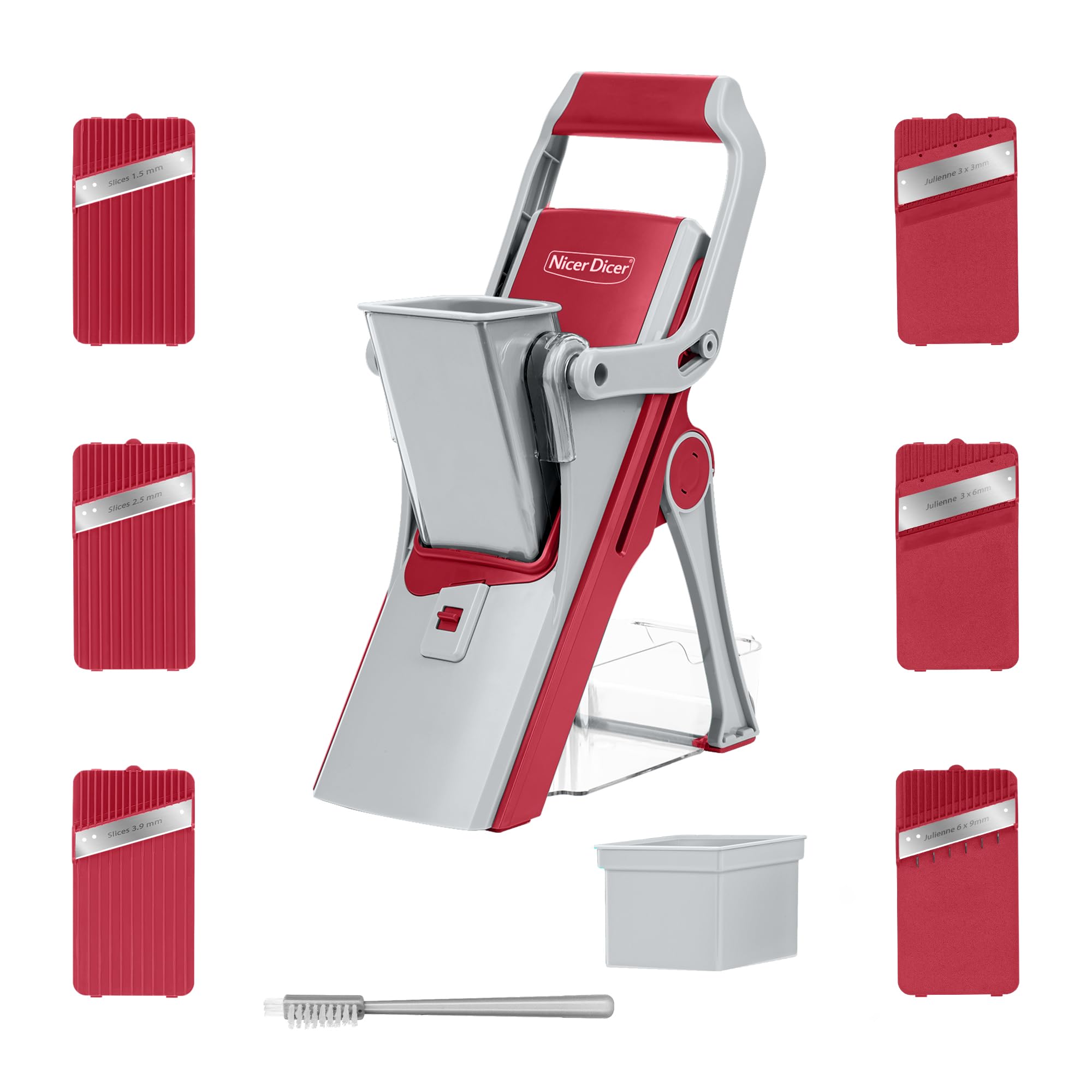 Genius Groentesnijder, Nicer Dicer Mando, 12-delig, groenteschaaf, groentesnijder, komkommerschaaf, mandoline, groentechopper met 6 verwisselbare messen, keukenschaaf (rood-grijs Genius Groentesnijder, Nicer Dicer Mando, 12-delig, groenteschaaf, groentesnijder, komkommerschaaf, mandoline, groentechopper met 6 verwisselbare messen, keukenschaaf (rood-grijs