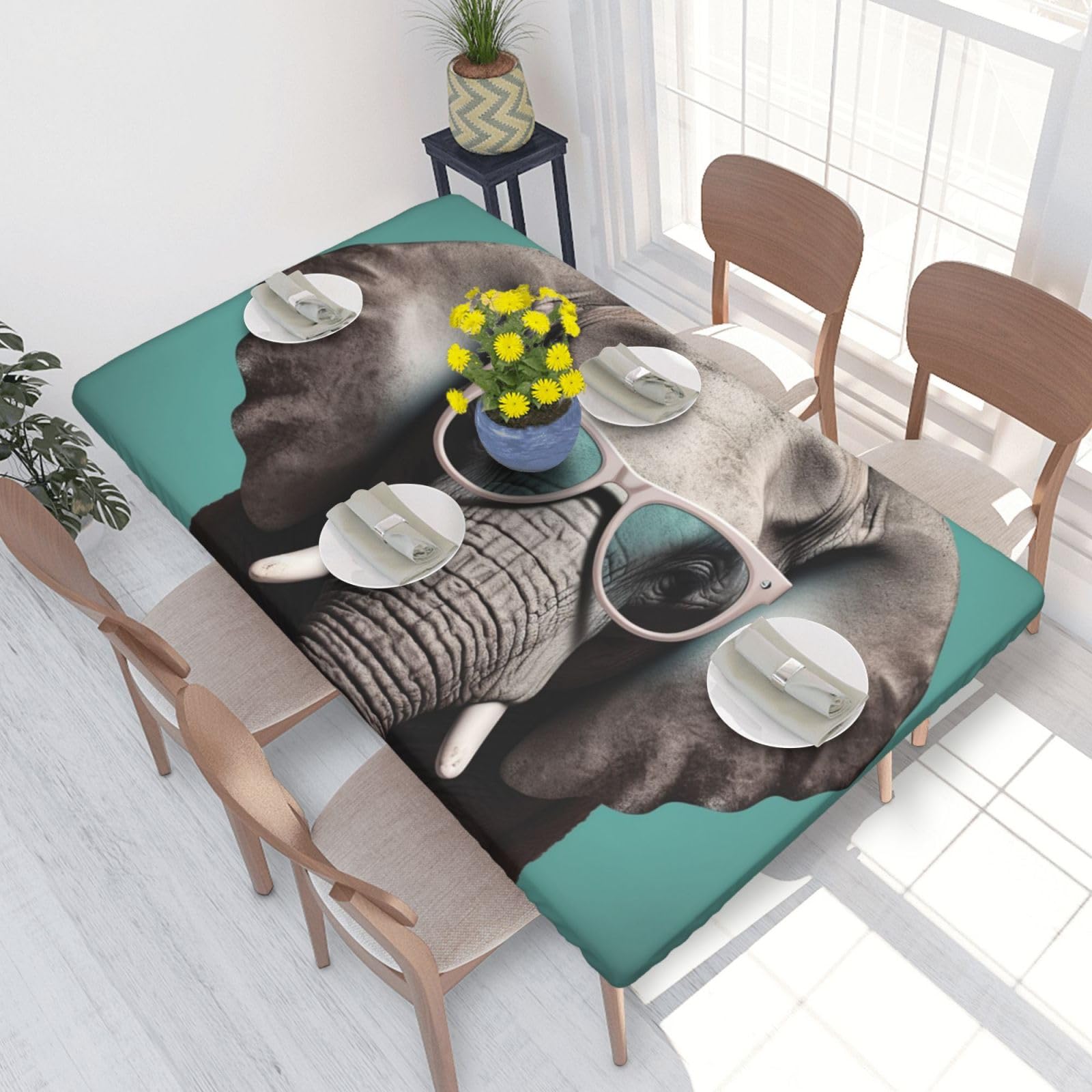 Elephant With Glasses Waterproof Square Table Cover Elastic Fitted Tablecloth Oil Proof Table Protector For 4ft Table