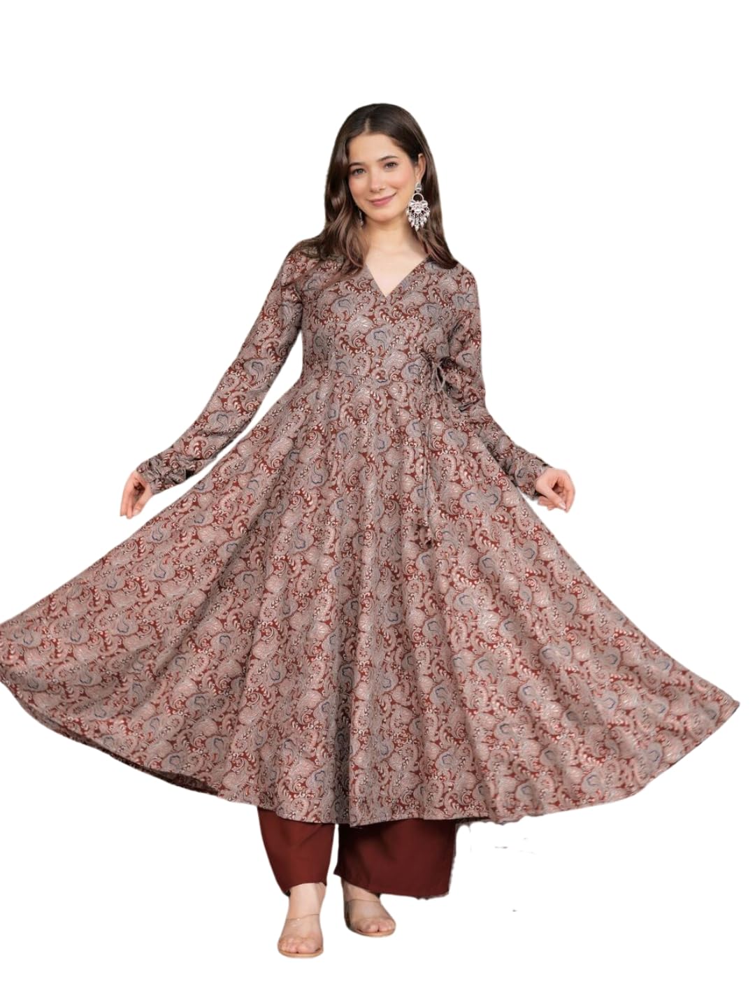 sitaram designer Floral Foil Printed Cotton Anarkali Kurta With Palazzo Set V-Neck, Full Sleeve-picture-35