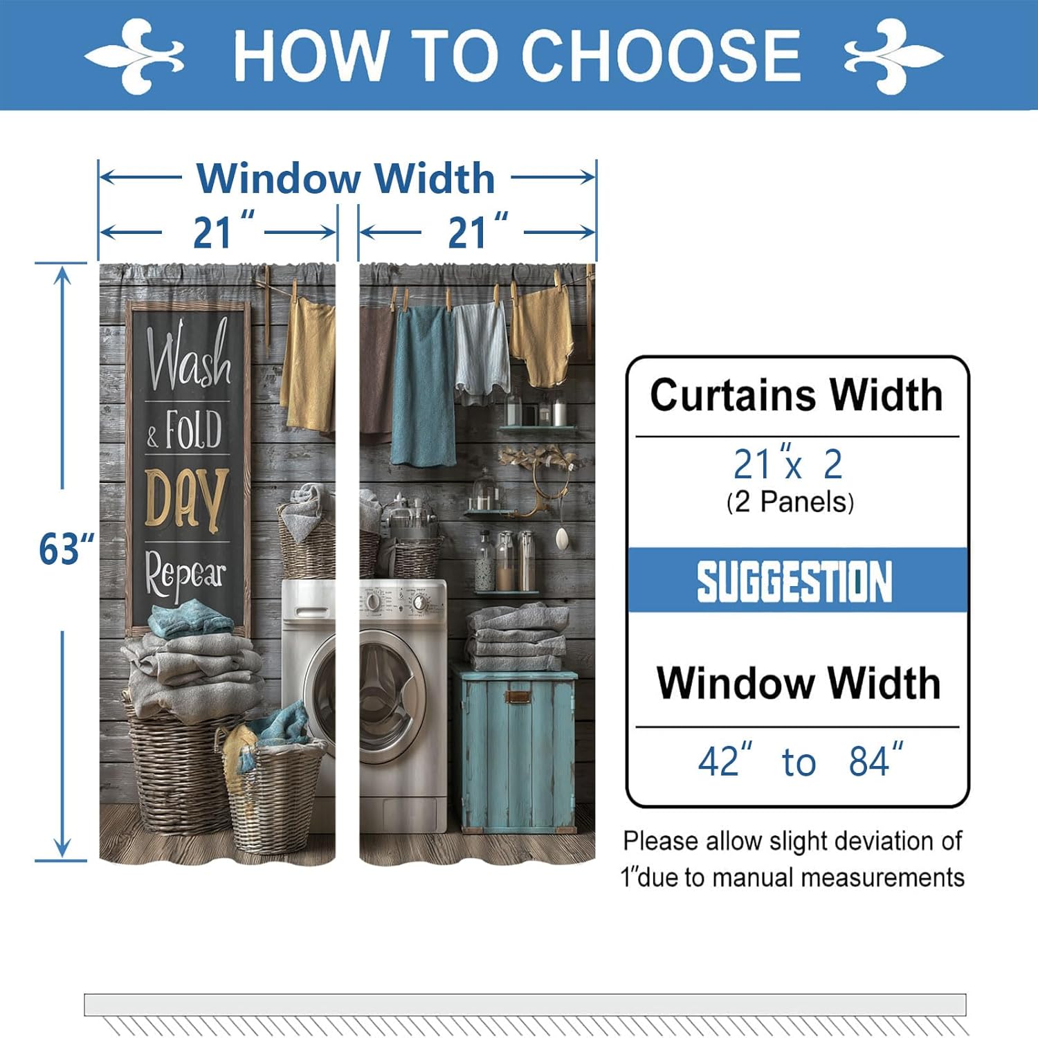 Laundry Room Rod Pocket Blackout Window Curtain 2 Panels Set,Thermal Insulated Dry Wash Fold Repeat Farmhouse Curtain Linen Fashion Lightweight Colorful for Bedroom Boys and Girls Room,42 x 63 Inch