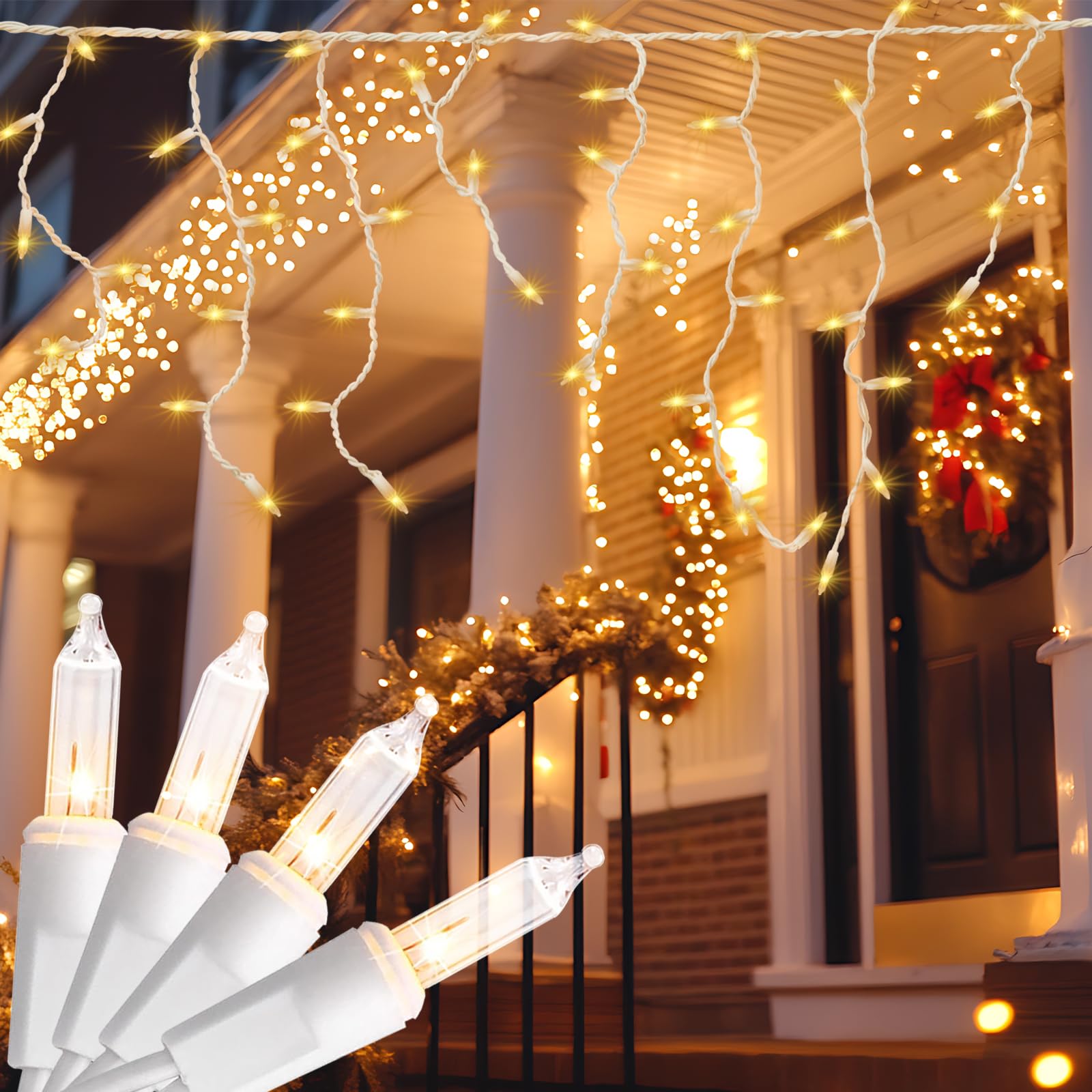 new one 2 Pack Icicle Christmas Lights for Outside Warm White 17.67FT 300 Incandescent Lights, Connectable String Lights with White Wire, 54 Drops, Holiday Party Incandes Icicle Lights Indoor