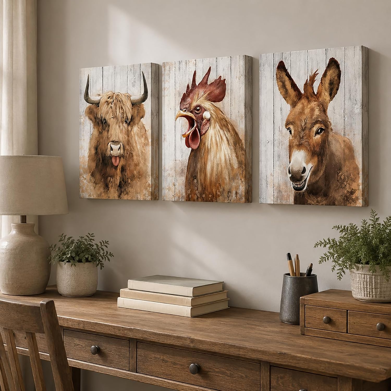 OuElegent Rustic Highland Cow Wall Art 3-Panel Farm Animal Canvas Prints Brown Farmhouse Decor Rooster Donkey Pictures Kitchen Dining Decor Whitewashed Wood Background 12''x16''x3