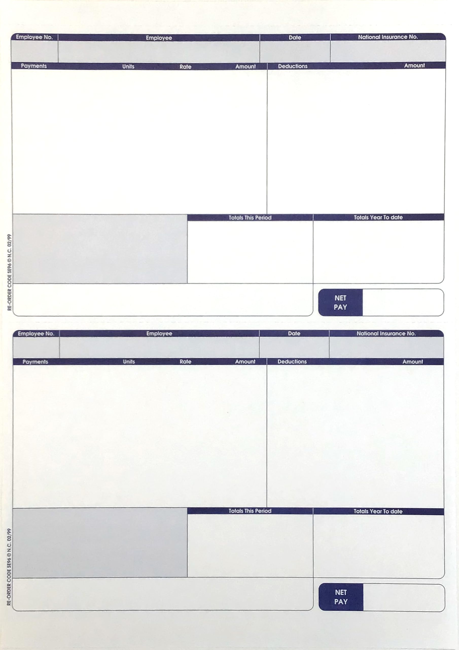 SE95S Sage Compatible Standard Payslip (Box of 500 Payslips - 1,000 A4 Sheets)