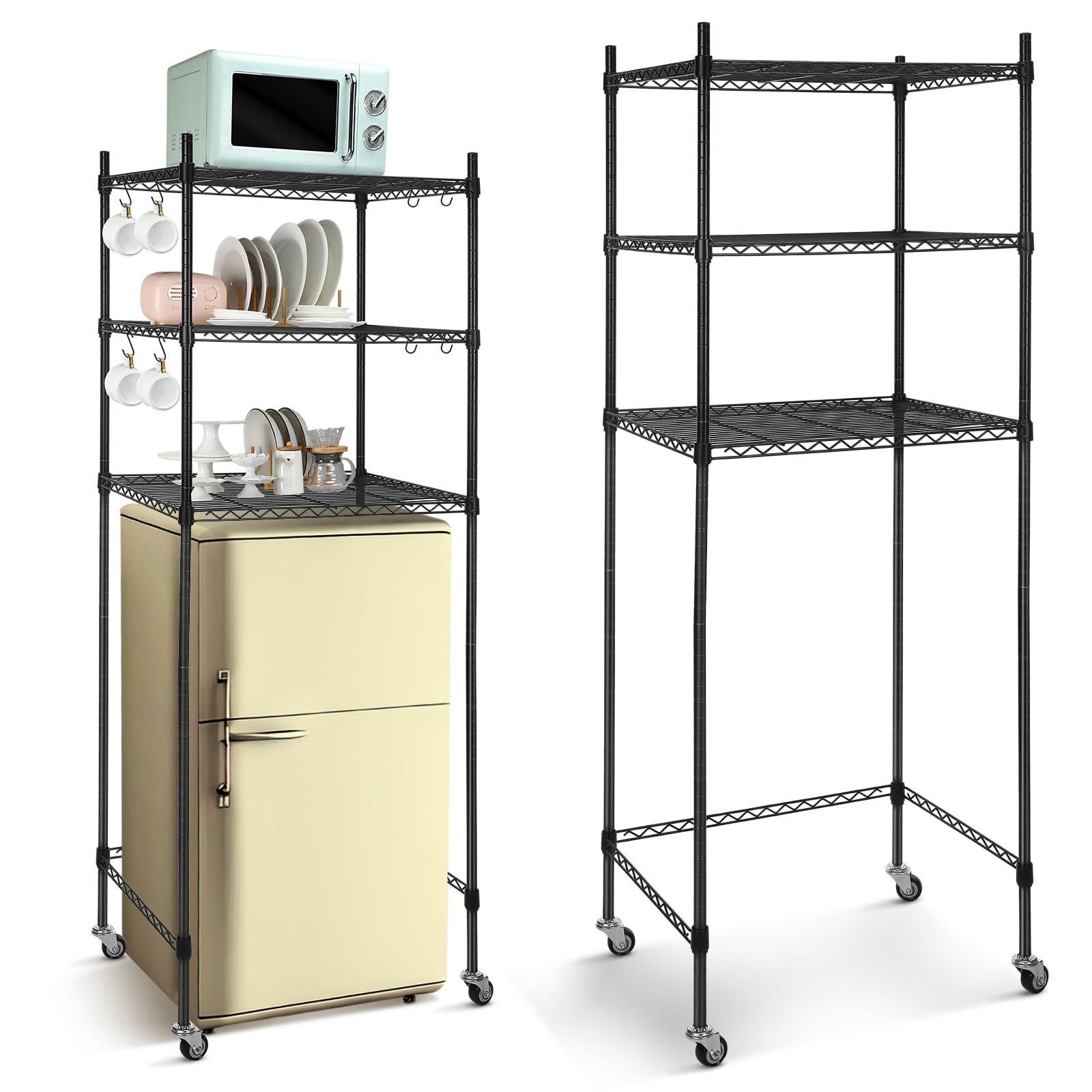 tioncy 3 tier mini fridge shelf microwave stand adjustable fridge storage rack with lockable wheels and 8 hook multilayer metal shelving organizer for dorm apartment kitchen office bathroom(black)