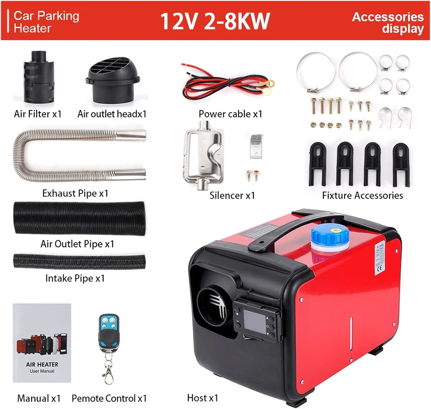 12V Diesel Air Heater Car Parking 5-8KW With Silencer Remote Control Compatible with Truck Boat RV