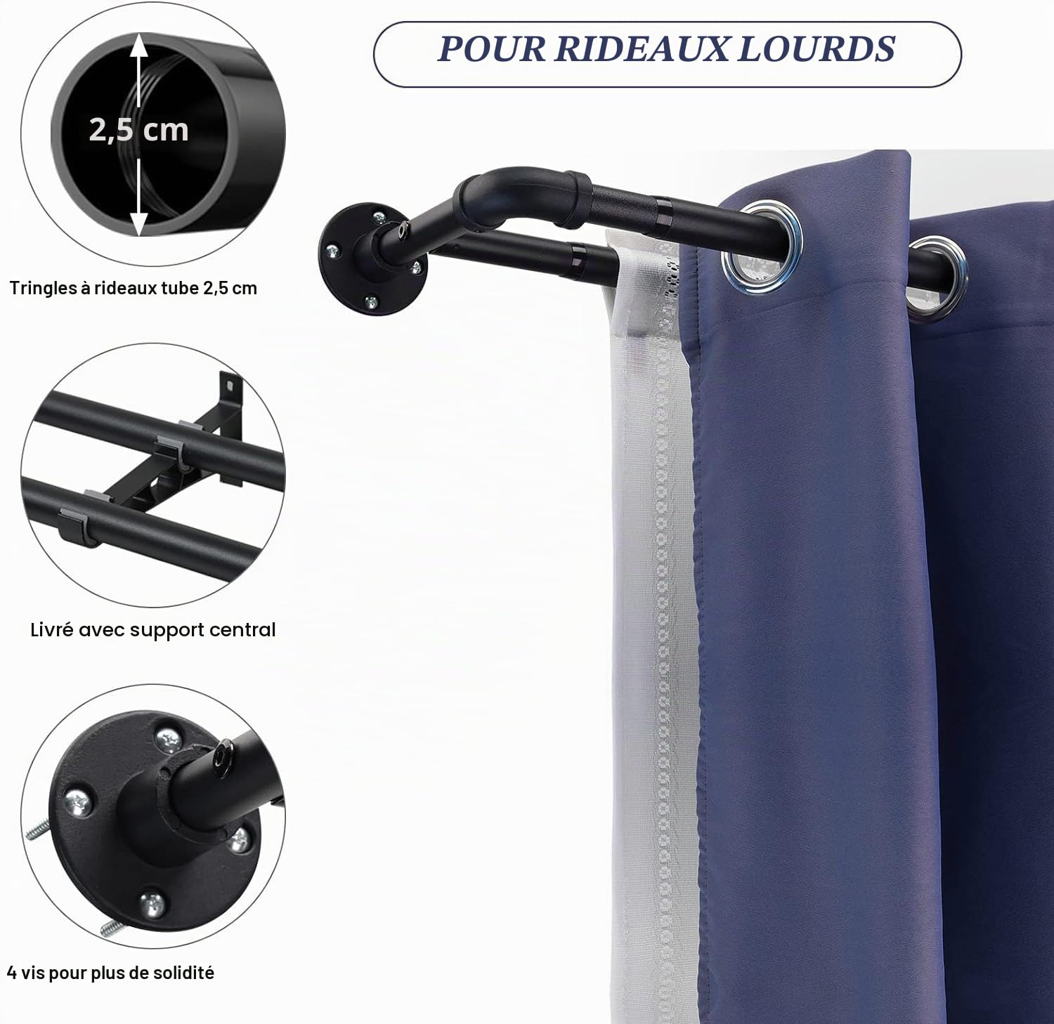 Tringles à Rideaux Double Style Industriel, 73-228cm Tringle à Rideau Extensible avec Tête de Bride et Supports, Tringle à Rideaux Réglables en Acier Inoxydable Décorative pour Salon/Noir Mat