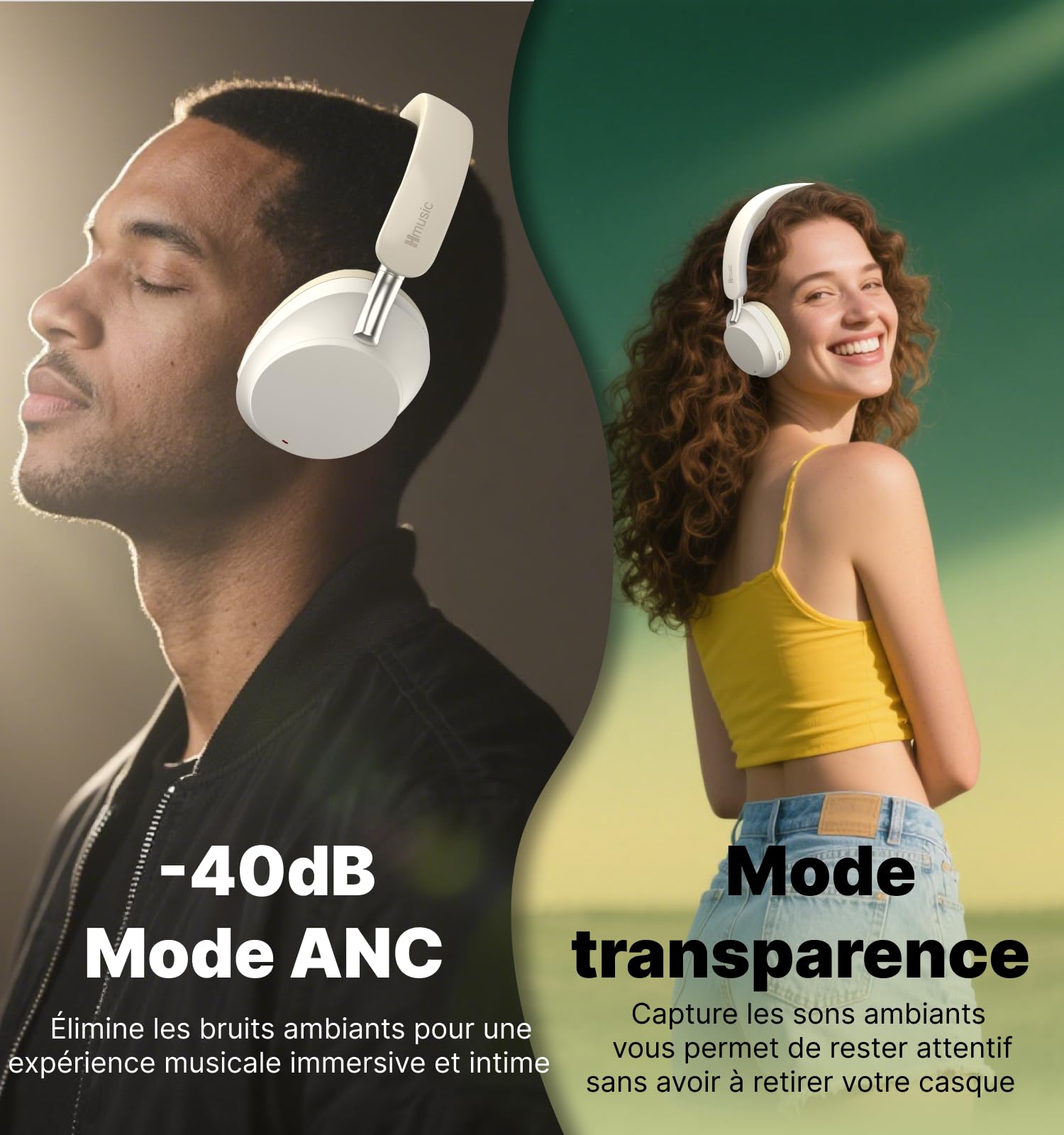 Hmusic MS04 Casque Bluetooth Réduction de Bruit Active, sans Fil/Filaire
