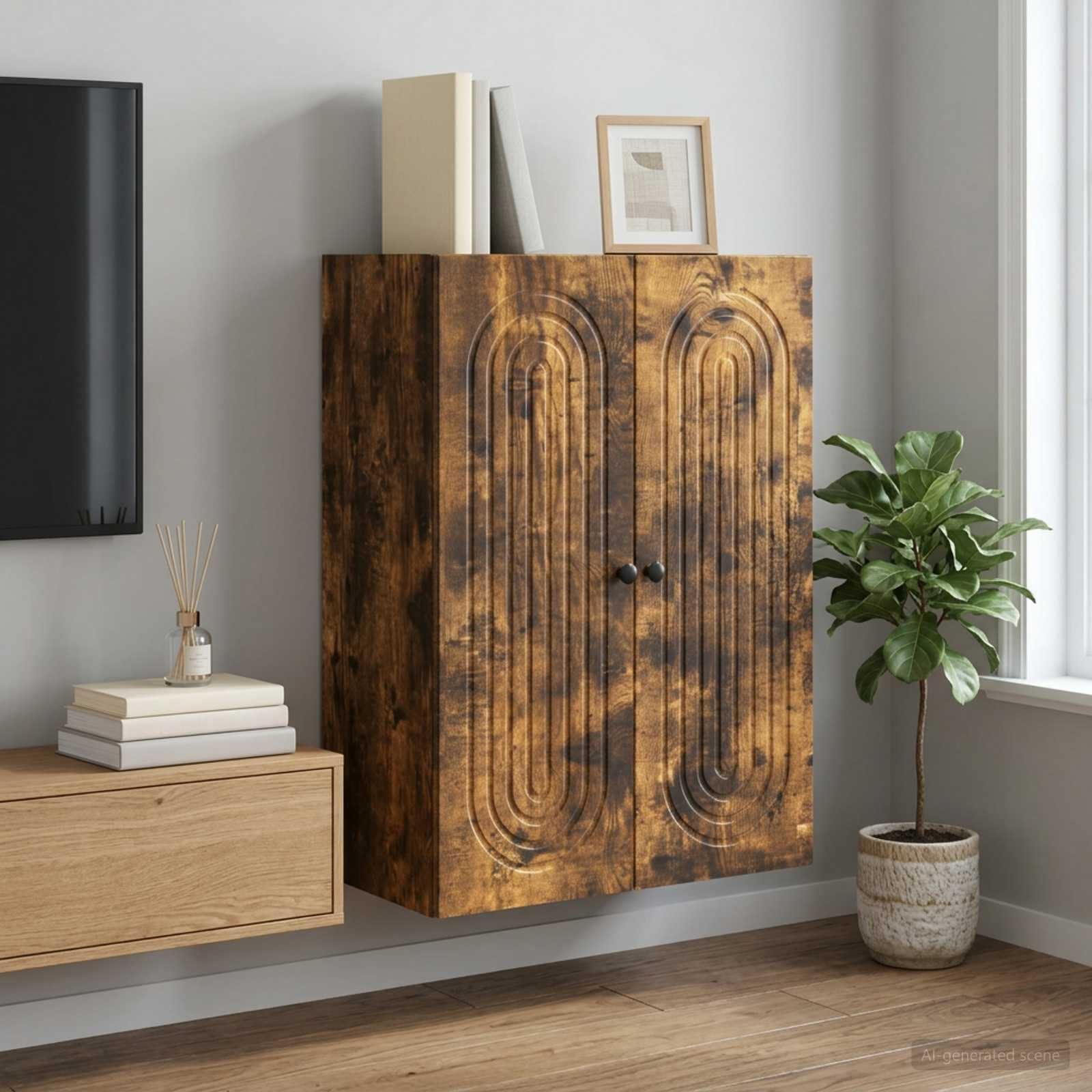 Szafka ścienna z drewna wędzonego dębu, 66 x 34,5 x 90 cm, z 2 półkami i 2 drzwiami, montowana na ścianie, do salonu, biura, korytarza, garażu, miejsca do przechowywania i organizacji