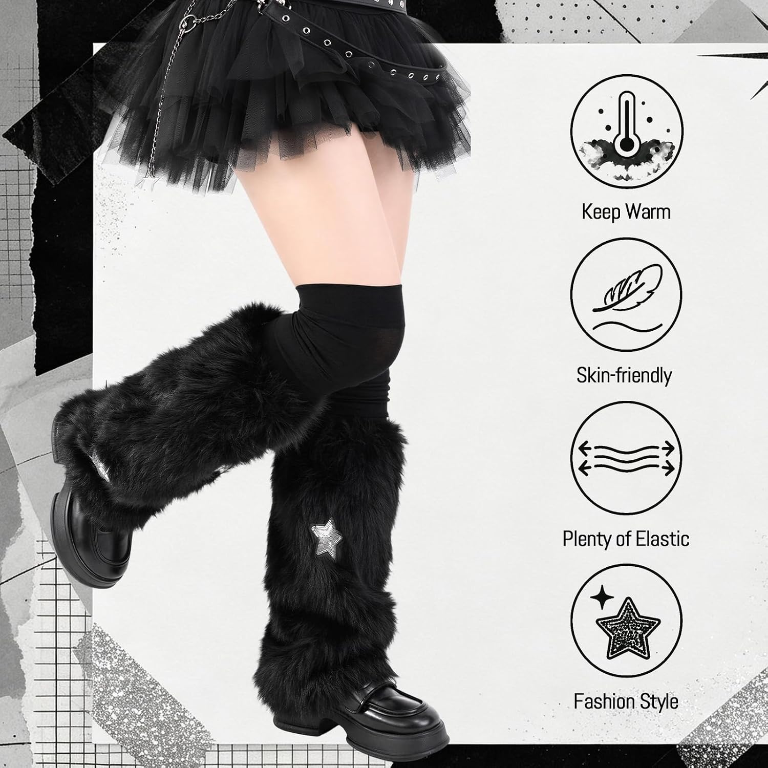 Y2K Fuzzy Leg Warmers, Stars Faux Fur Leg Cover with Stockings