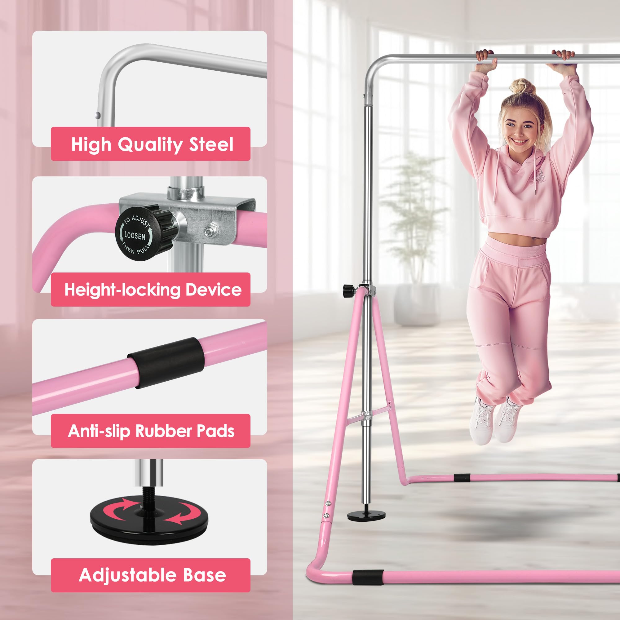 ORIENTOOLS Barra de gimnasia para niños, barra de entrenamiento ajustable en altura, barras horizontales plegables de gimnasia junior para el hogar