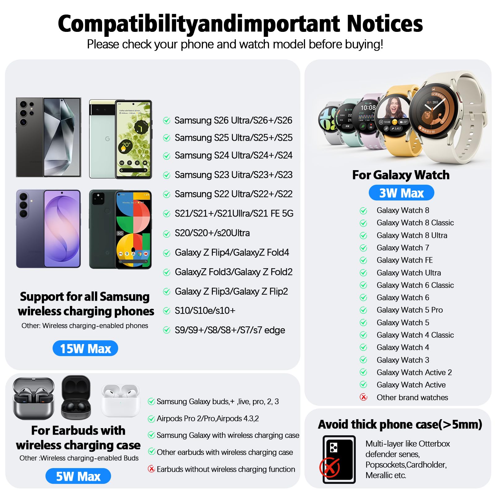 Chargeur sans fil magnétique double 2026 YiJYi pour Samsung, 7 en 1 pour station de charge Samsung, double téléphone 45 W avec deux styles d'éclairage et horloge, pour Samsung S25, pour Galaxy Buds