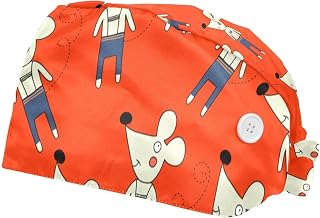 2 Pieces Working Hat with Buttons Adjustable Sweatband Bouffant Hats Unisex Tie Back Hats Cartoon Mouse Pattern