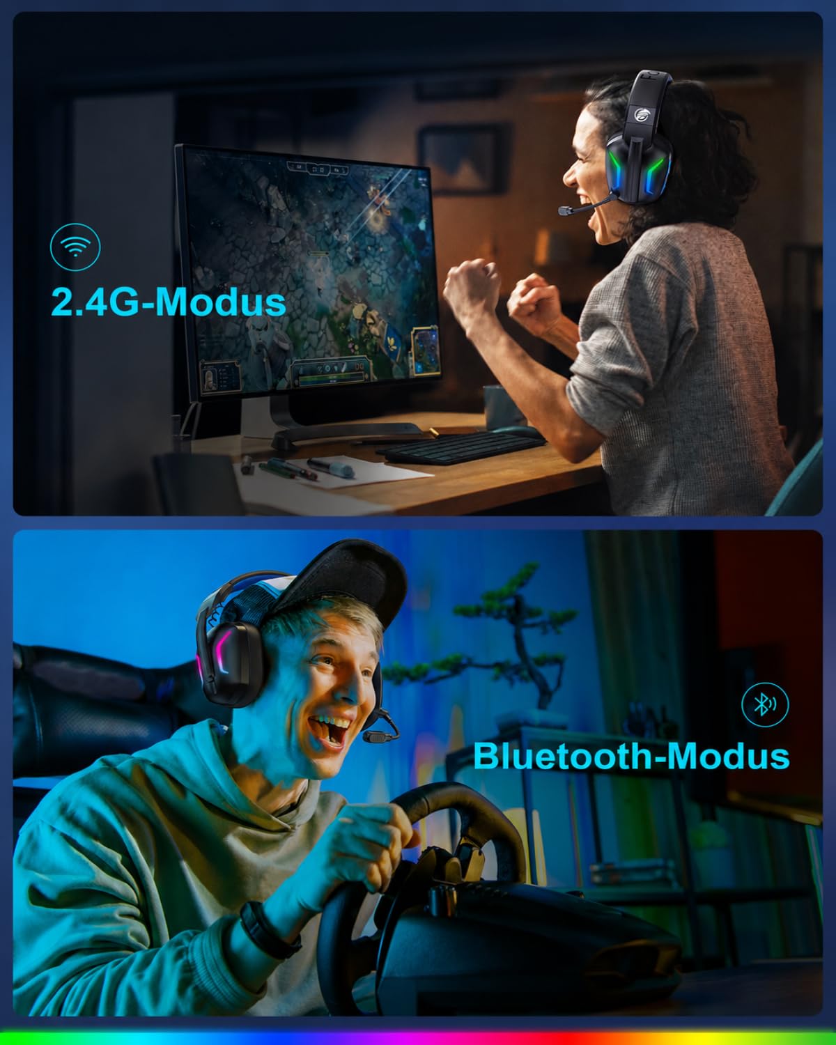 Fachixy Wireless Gaming Headset mit Mikrofon für PS5, PS4, PC, Switch, Mac und Laptop, 2,4GHz Low Latency USB & Bluetooth, faltbar mit LED-Licht, Surround Sound und 80 Std. Akkulaufzeit