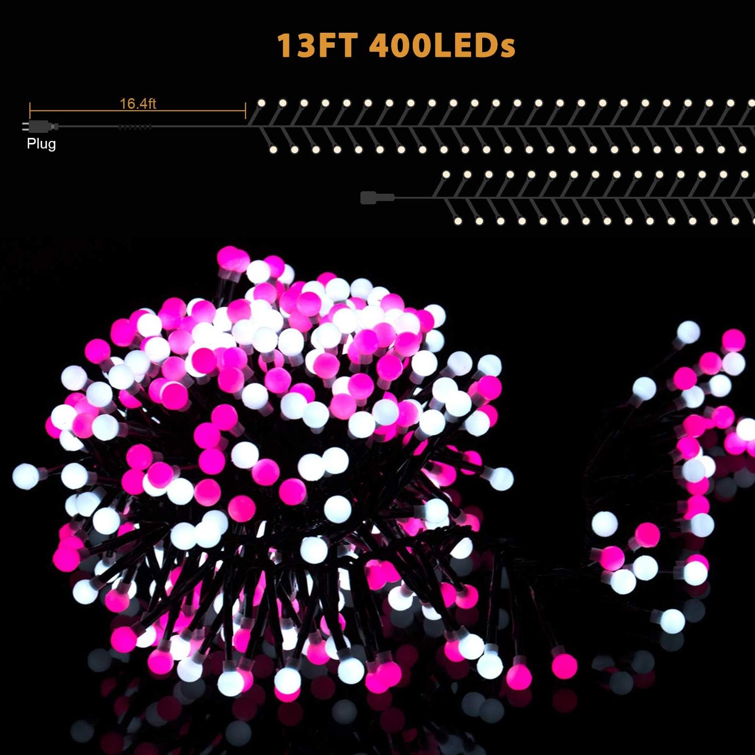Quntis Mothers Day Decorations String Lights Pink &White, 400 LED 8 Twinkle Modes 13FT Globe String Lights for Bedroom Wedding Holiday Christmas Tree Indoor Outdoor (Plug in, Connectable, Waterproof)