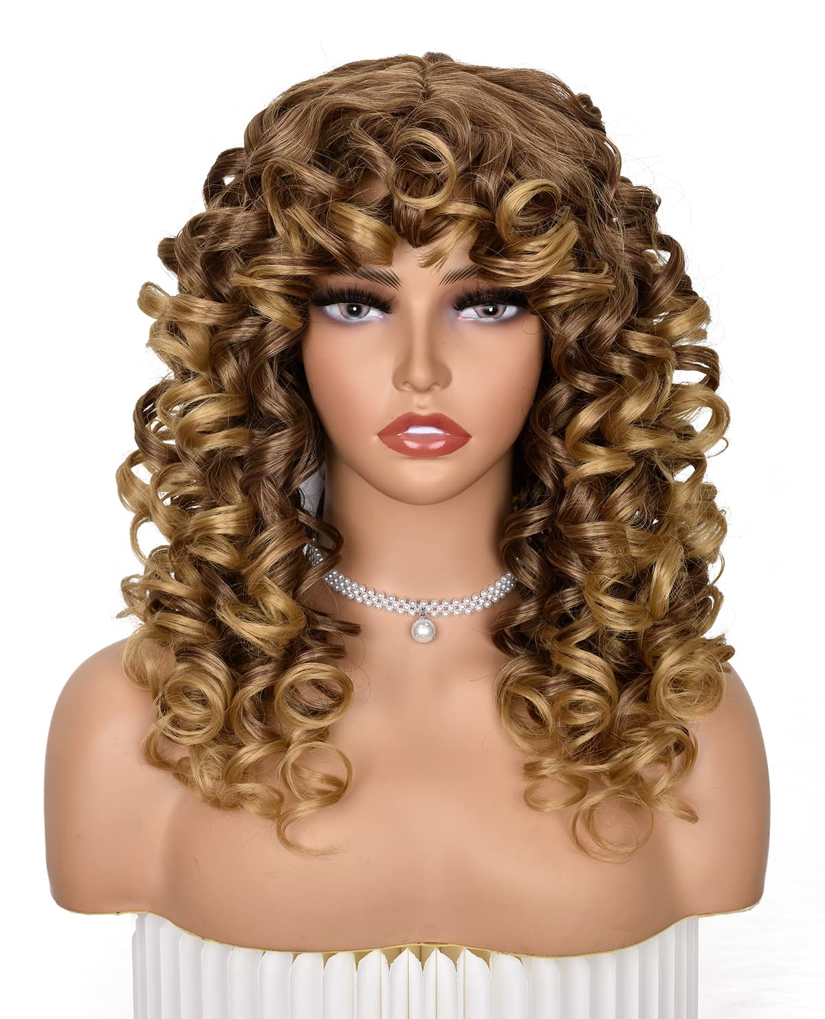 ISAMY Long Curly Wigs for Black Women Curly Afro Wig with Bangs for Women Big Bouncy Fluffy Synthetic Fiber Glueless Hair for Cosplay and Daily (Ombre Blonde) - Image 2