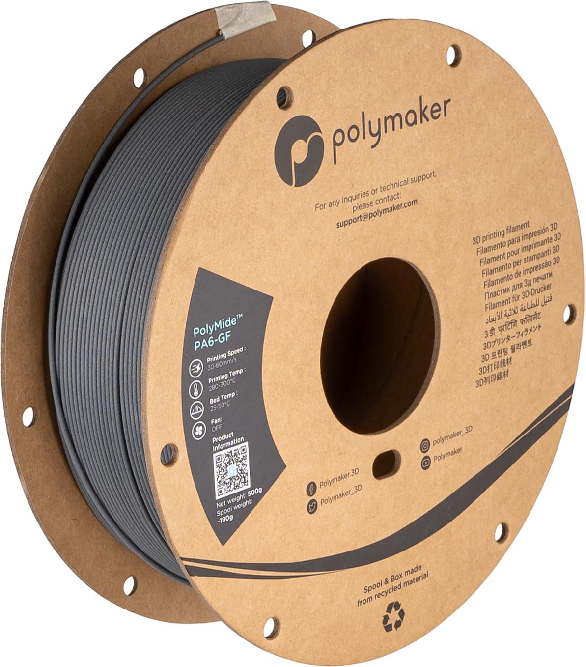 Polymaker PA6GF Nylon Filament 1.75mm Grey, 500g Glass Fiber Nylon Filament 1.75, Cardboard