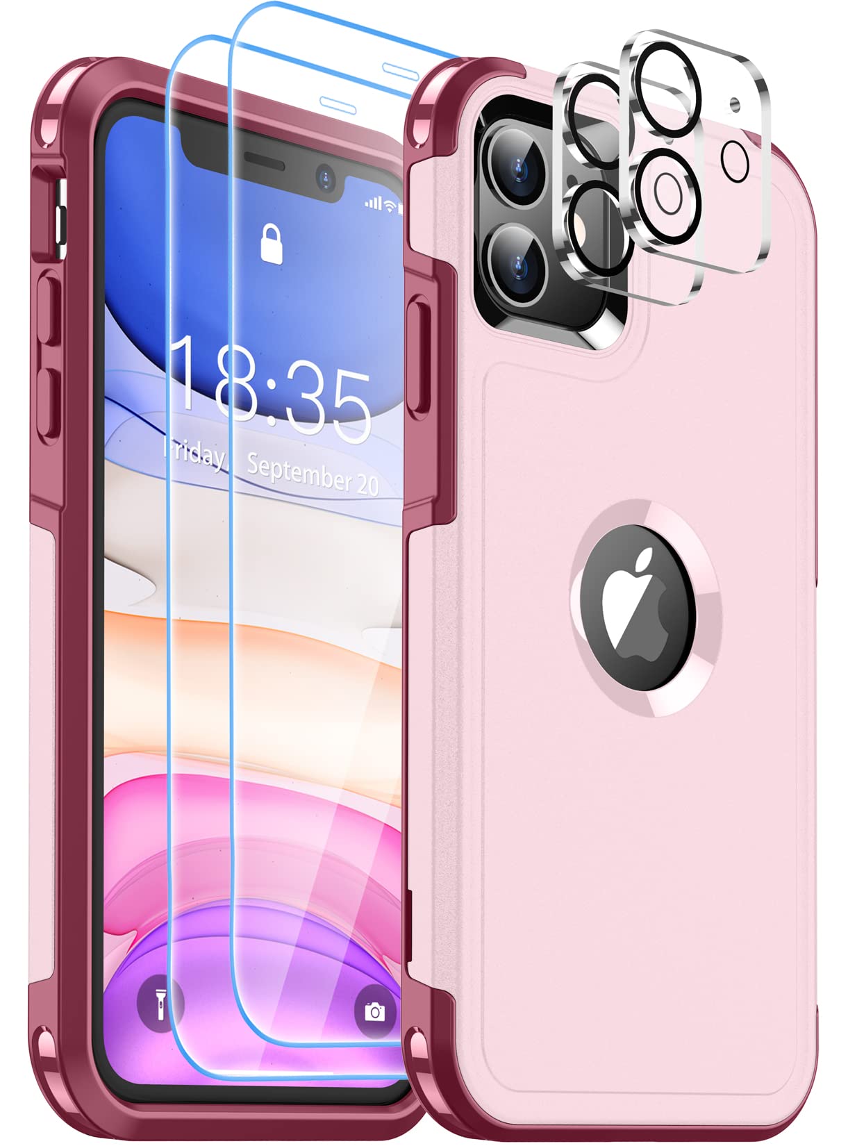 SUPFINE 5 in 1 iPhone 11 Case, [10 FT Military Dropproof] [2+Tempered Glass Screen, 2+Tempered Camera Lens Protector] Non-Slip Heavy Duty Full-Body Shockproof Phone Case,Pink