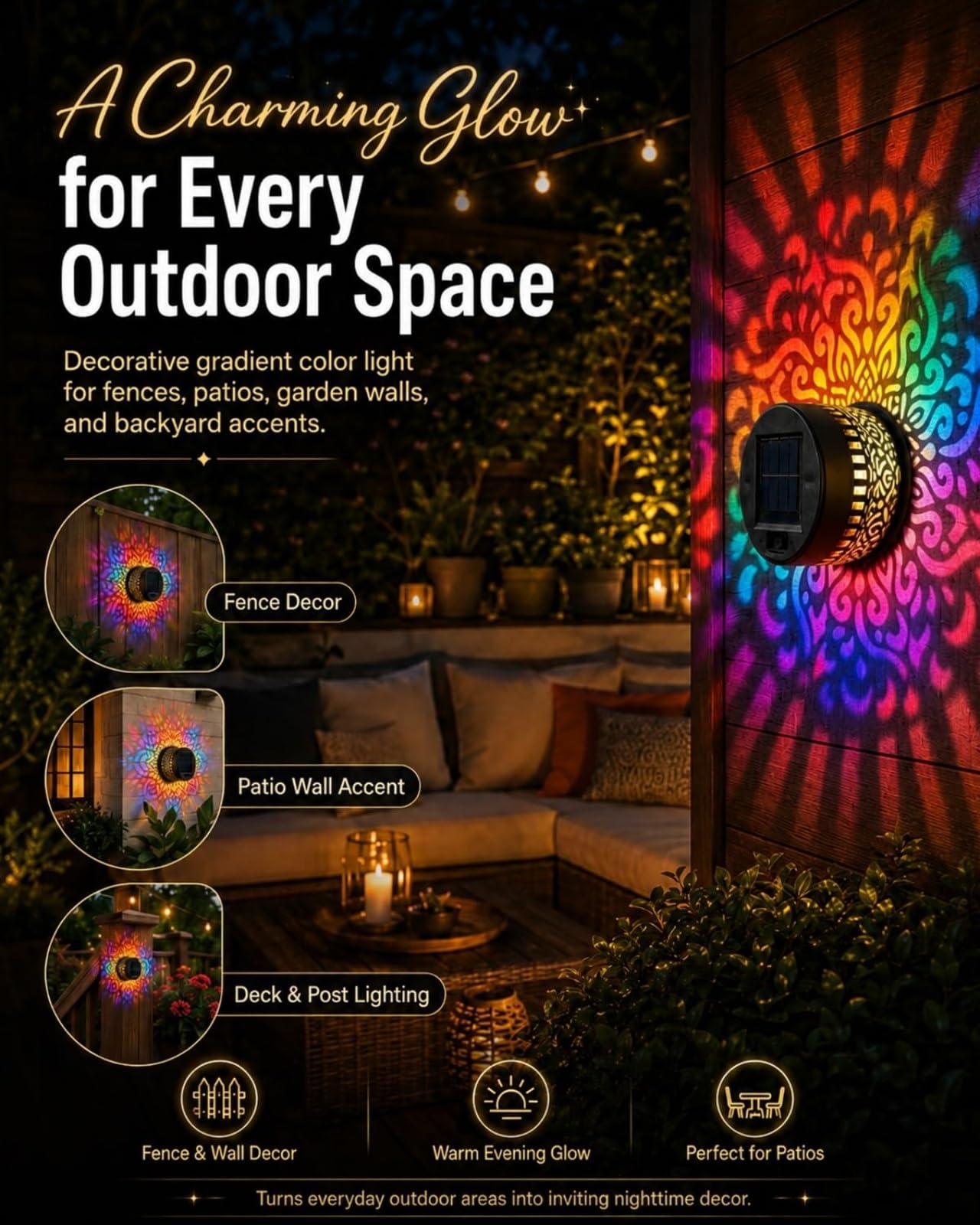 Decorative RGB Solar Mandala Lights, Luces Solares para Jardín y Valla, Resistentes al Agua, Ideales para Exteriores, Jardines, Patios, Macetas y Vallas (4PCS)