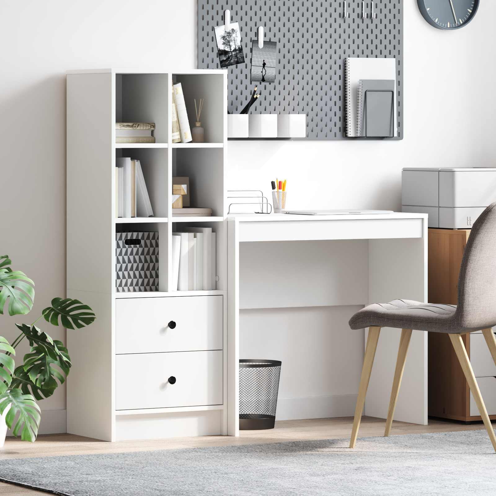 Set Scrivania con Libreria Bianco Legno Ingegnerizzato 2 Pz | Mobile salvaspazio per studio e ufficio con 2 cassetti e 6 ripiani, ideale per organizzare documenti e PC.