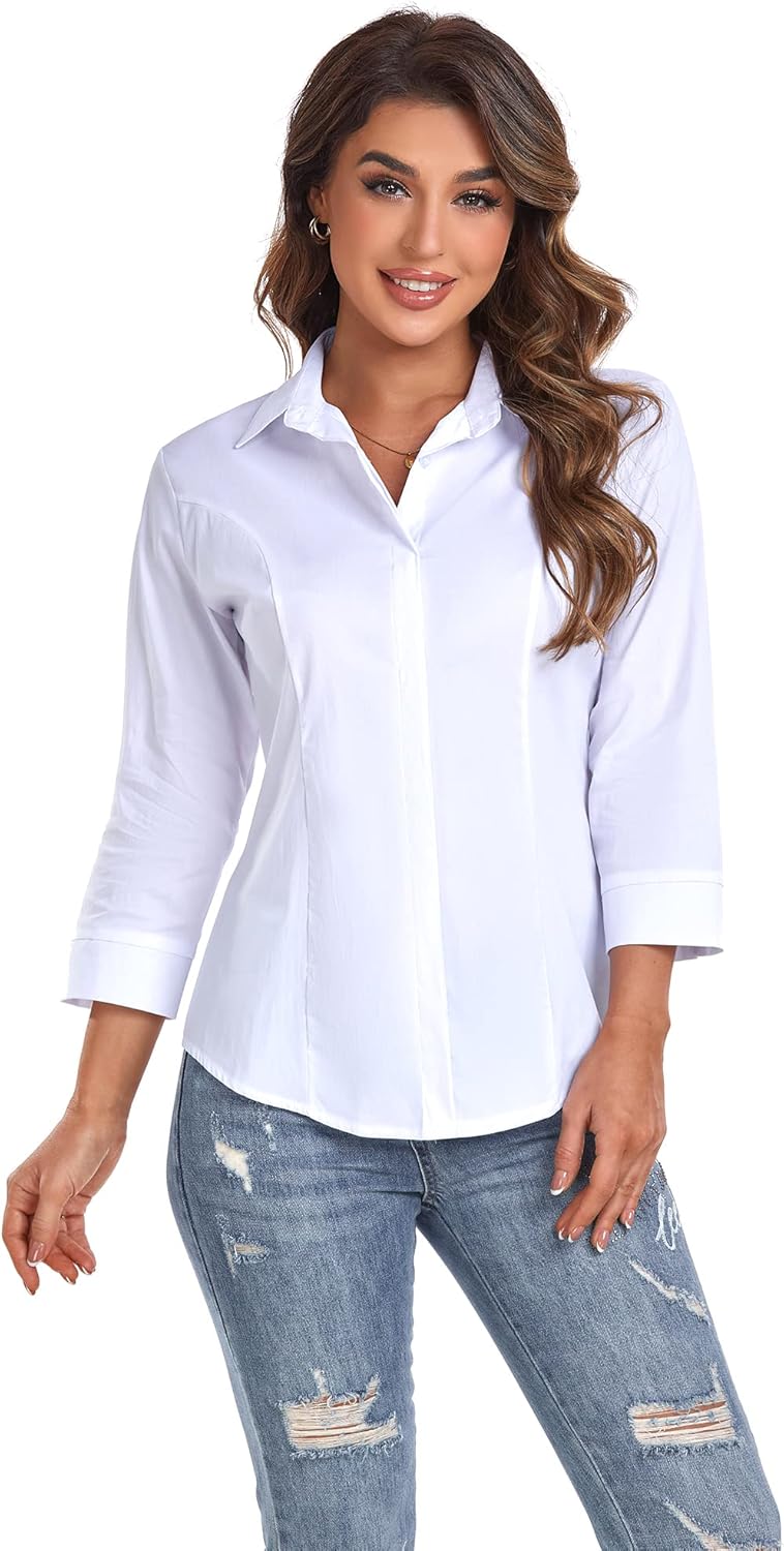 Atnlewhi Women's Button Down Shirts 3/4 Sleeve Business Stretch Work Office Formal Casual Blouse Tops - Image 4