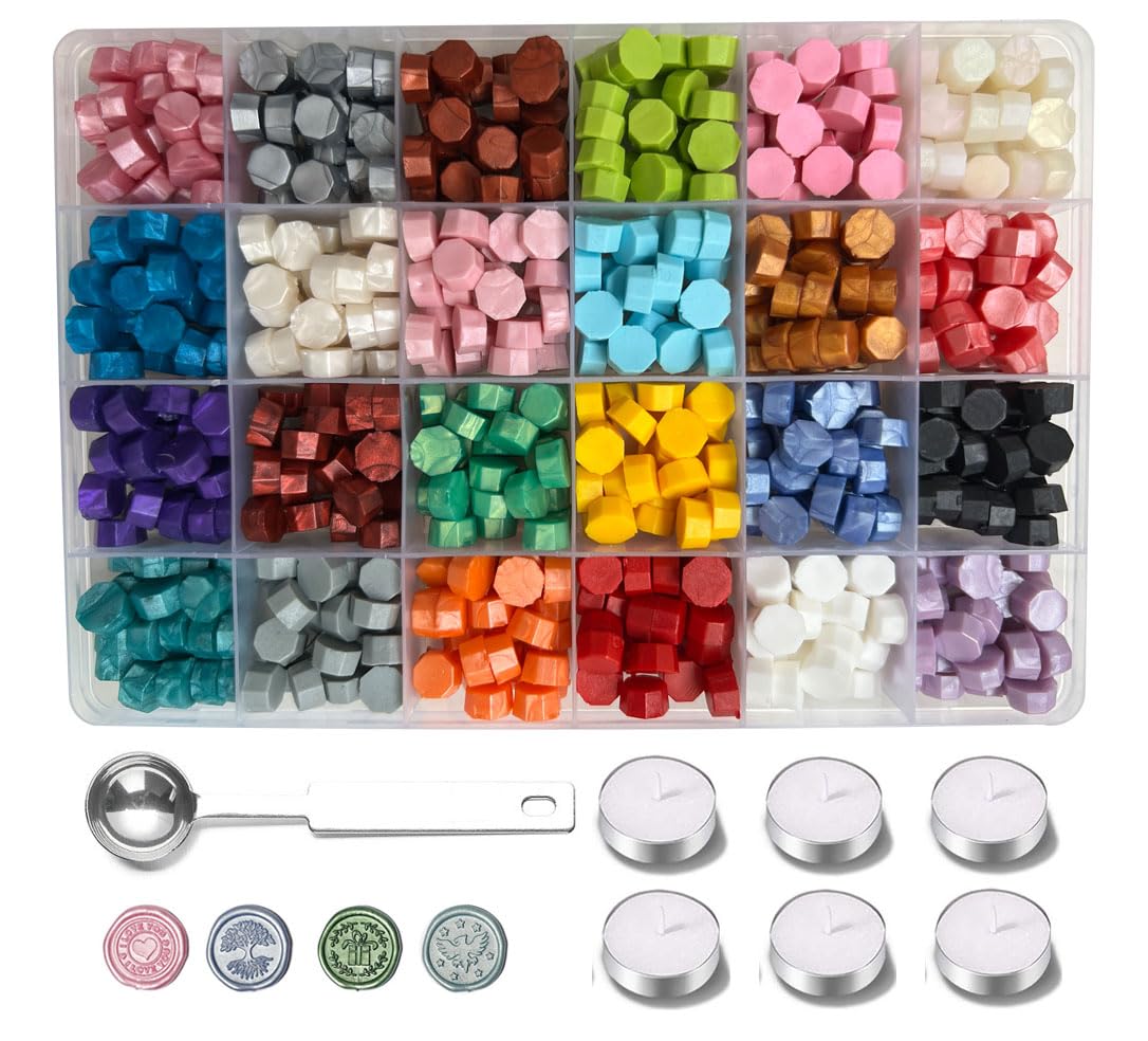 648Pcs Sealing Wax Beads，Sealing Wax Beads with A Wax Spoon and 6Pcs Tea Candles，Letter Wax Seal Kit for Letter Stamp Sealing and DIY Craft