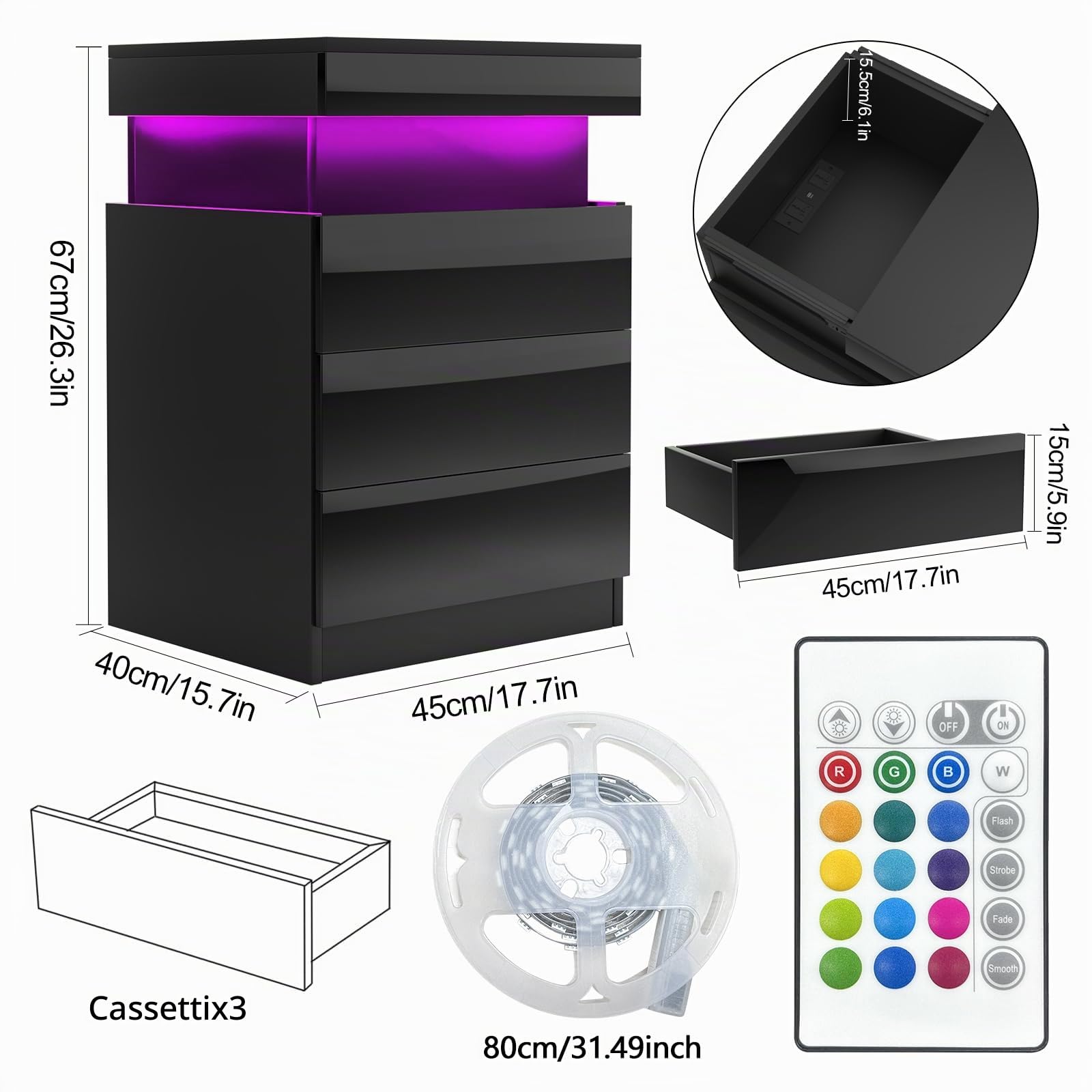 Comodino con Presa e porta USB, Comodino con illuminazione LED Regolabile, Comodini Camera da Letto Moderni Nero Pannello Scorrevole, Intelligente Comodini Camera da Letto con 3 Cassetti