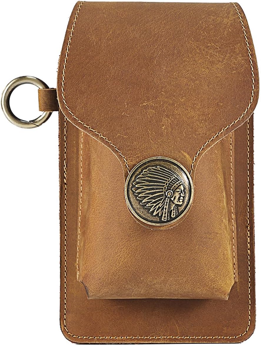 Genuine Leather Phone Holster Cowhide Pouch with Keychain Magnetic Closure Outdoor Sports Waist Pack (Black 01)