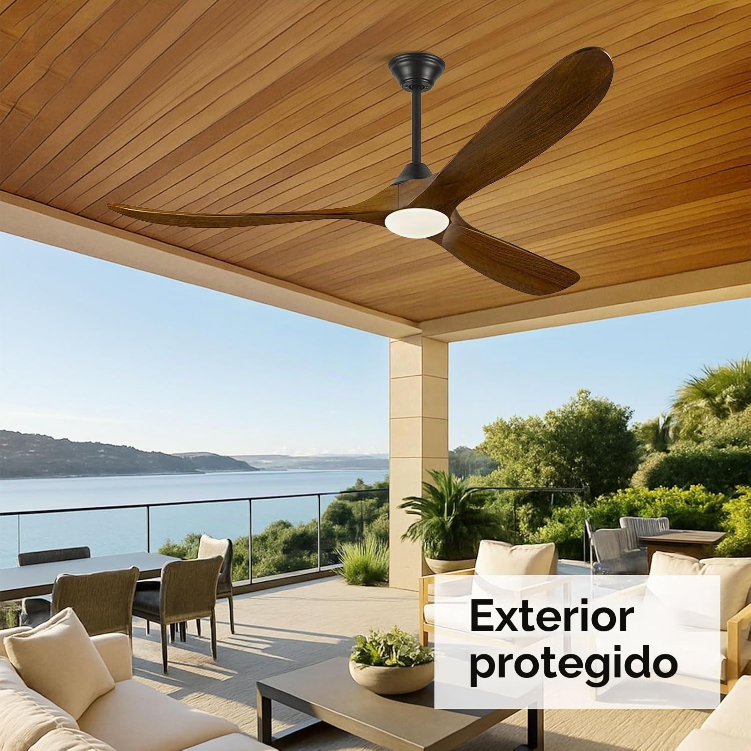 Ventilador de techo de madera de 152cm con luz, ventilador de techo de granja con motor CC reversible silencioso, ventilador de techo rústico de para exteriores para patios, pabellón, porche, cenador