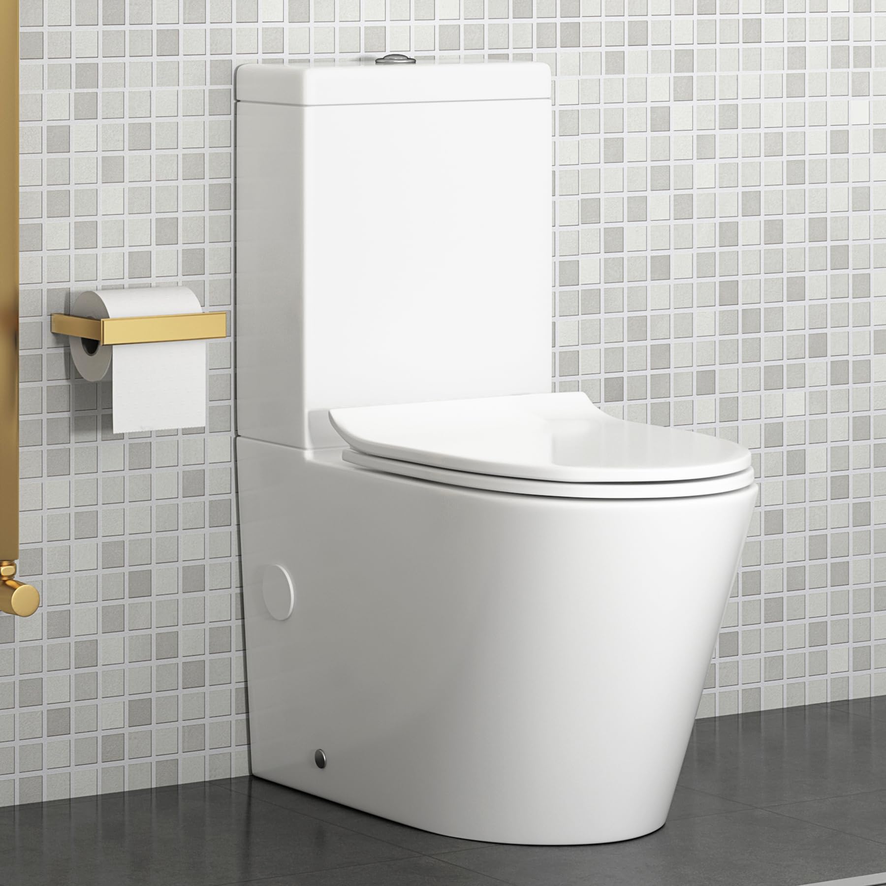 Cesar Ceramic Short Projection Rimless Close Coupled Toilet Round Pan Gloss White with Dual Flush Cistern & Quick Release Slim Soft Close Seat Bathroom