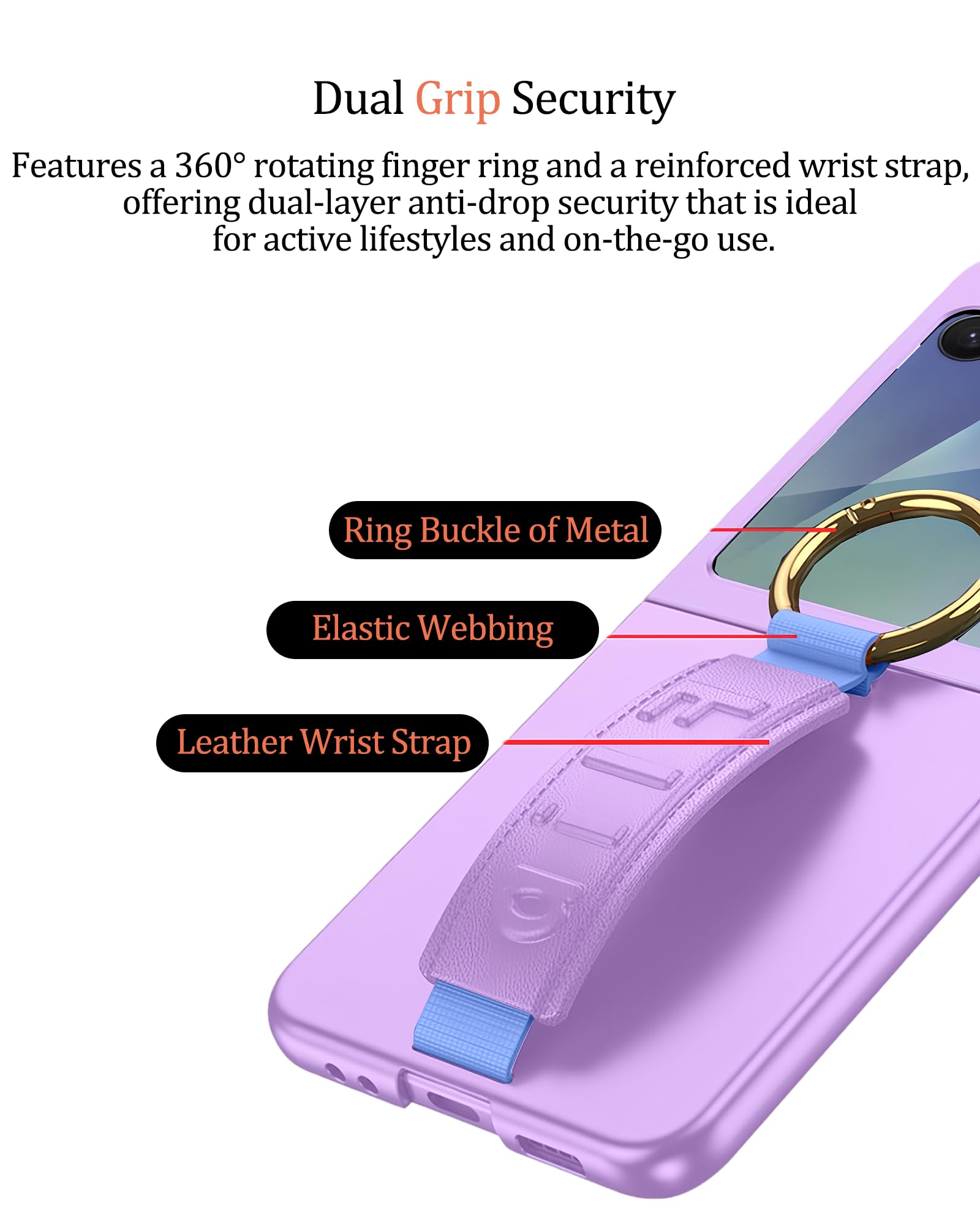 Compatible with Samsung Galaxy Z Flip 7 Custodia con Laccio da Polso, 9H Protettore Schermo Antishock Sottile Custodia Protettiva con Anello per Dito - Viola
