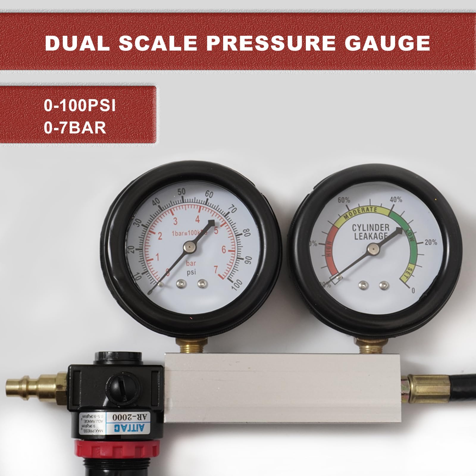 Auto Zylinder-Leckagetester mit 0-100PSI/ 0-7Bar Doppelmanometer, Motor Druckverlust Tester für Automotoren Diagnosewerkzeug für Druckprüfung und Leckratenprüfung