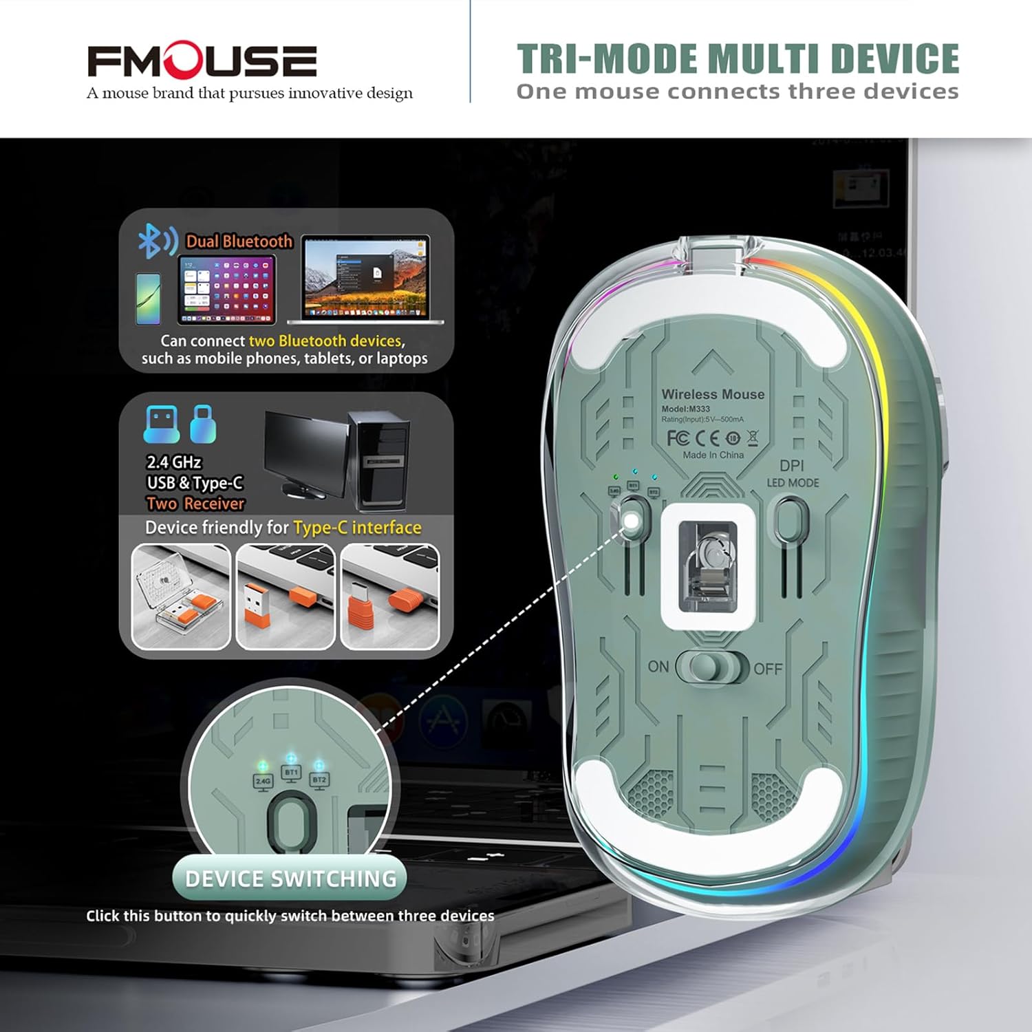 FMOUSE Transparent Wireless Mouse bottom view showing tri-mode switching button and receiver storage.