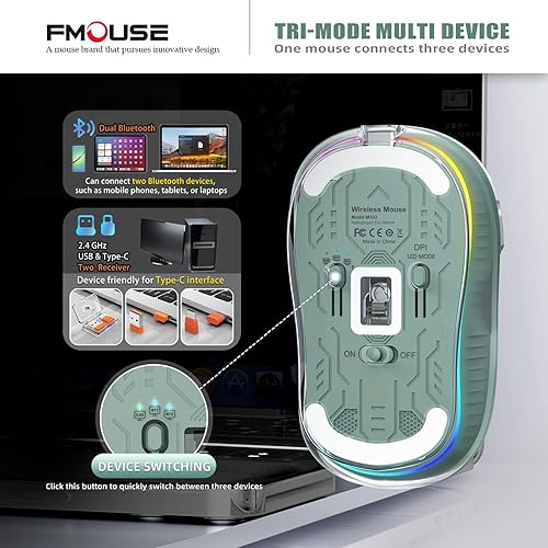 Miniatura 3 de Interesante ratón inalámbrico transparente, Bluetooth dual y 2.4 GHz para múltiples dispositivos, receptor USB-C ideal para MacBookportátiles,