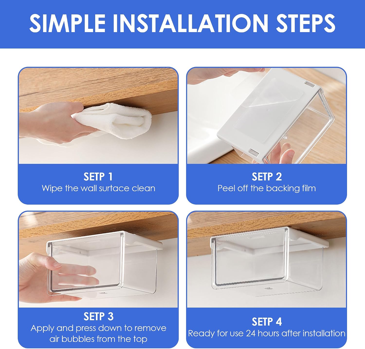 LUWOO Under Shelf Storage Boxes with Pull-out Drawers, Under Cabinet Hanging Organizer with 2 Removable Compartments for Qtip, Swab
