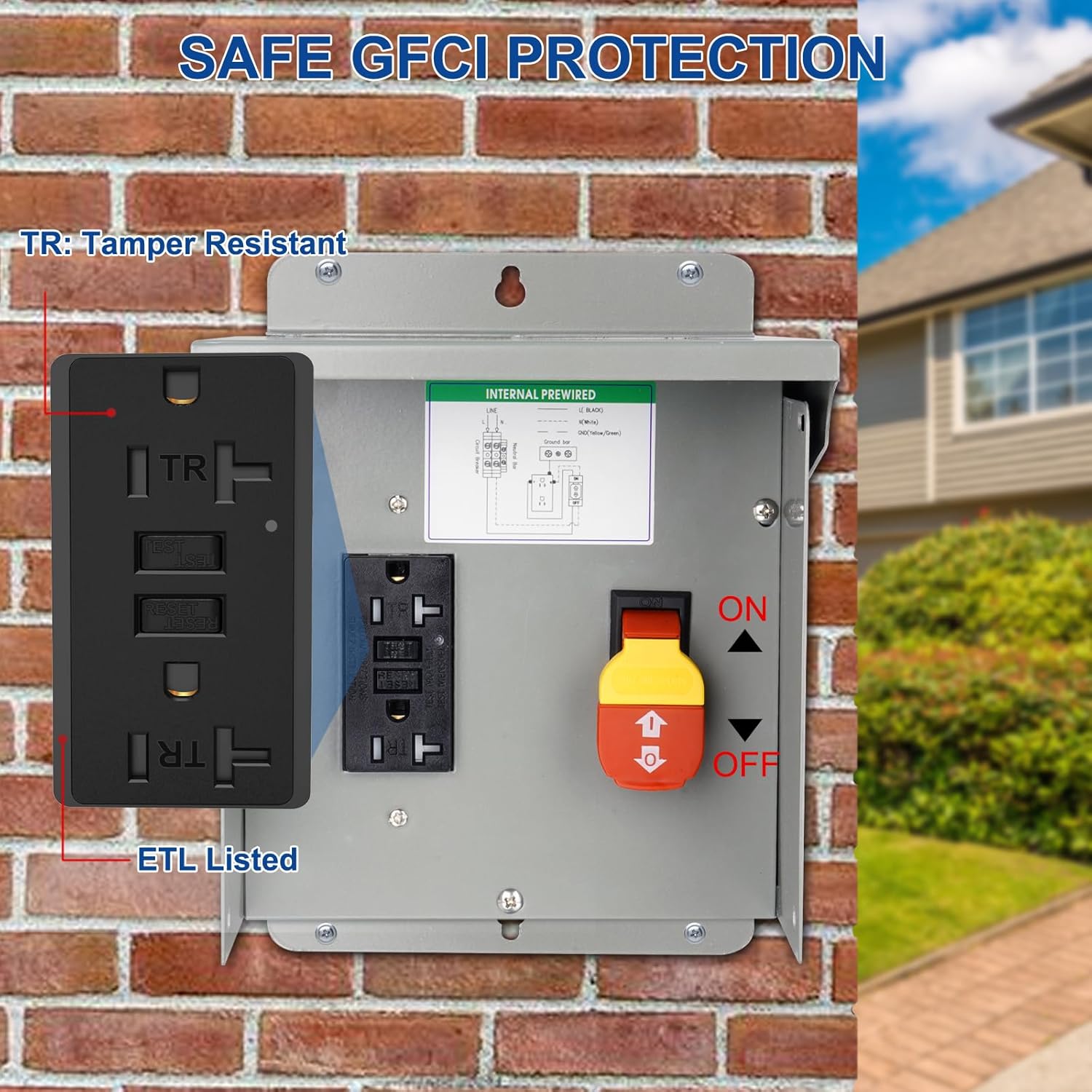 Outdoor Electrical Outlet with Safety Switch - Prewired Metal Outdoor Electrical Outlet Box with 20 AMP GFCI Receptacle and Waterproof 3R Cover - Weatherproof Power Switch Box for Backyard