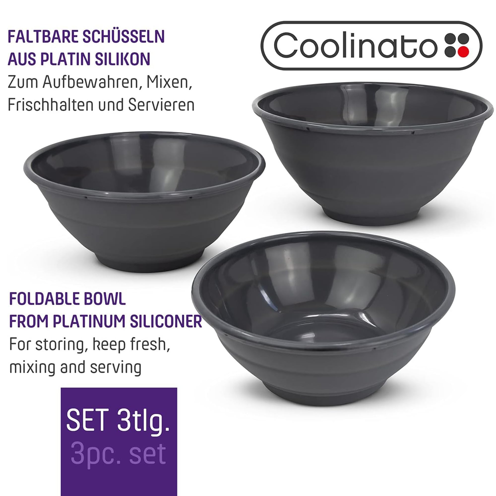 Coolinato Faltbare Schüssel aus Silikon, 16, 20 und 24 cm, grau, Faltschüssel zum Aufbewahren, Servieren und Frischhalten, Obst und Salat Schüssel für Küche und Camping